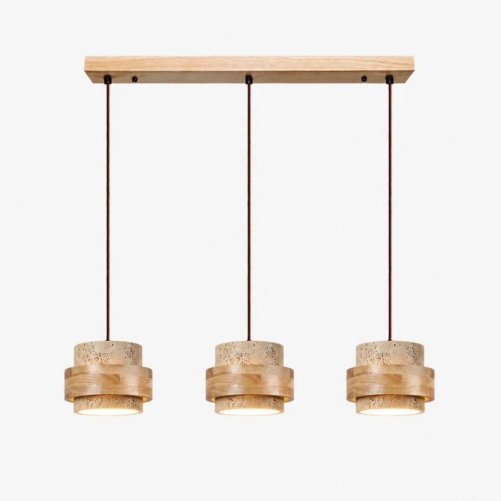 Lampada a sospensione lineare a tre luci in legno di travertino, vista completa
