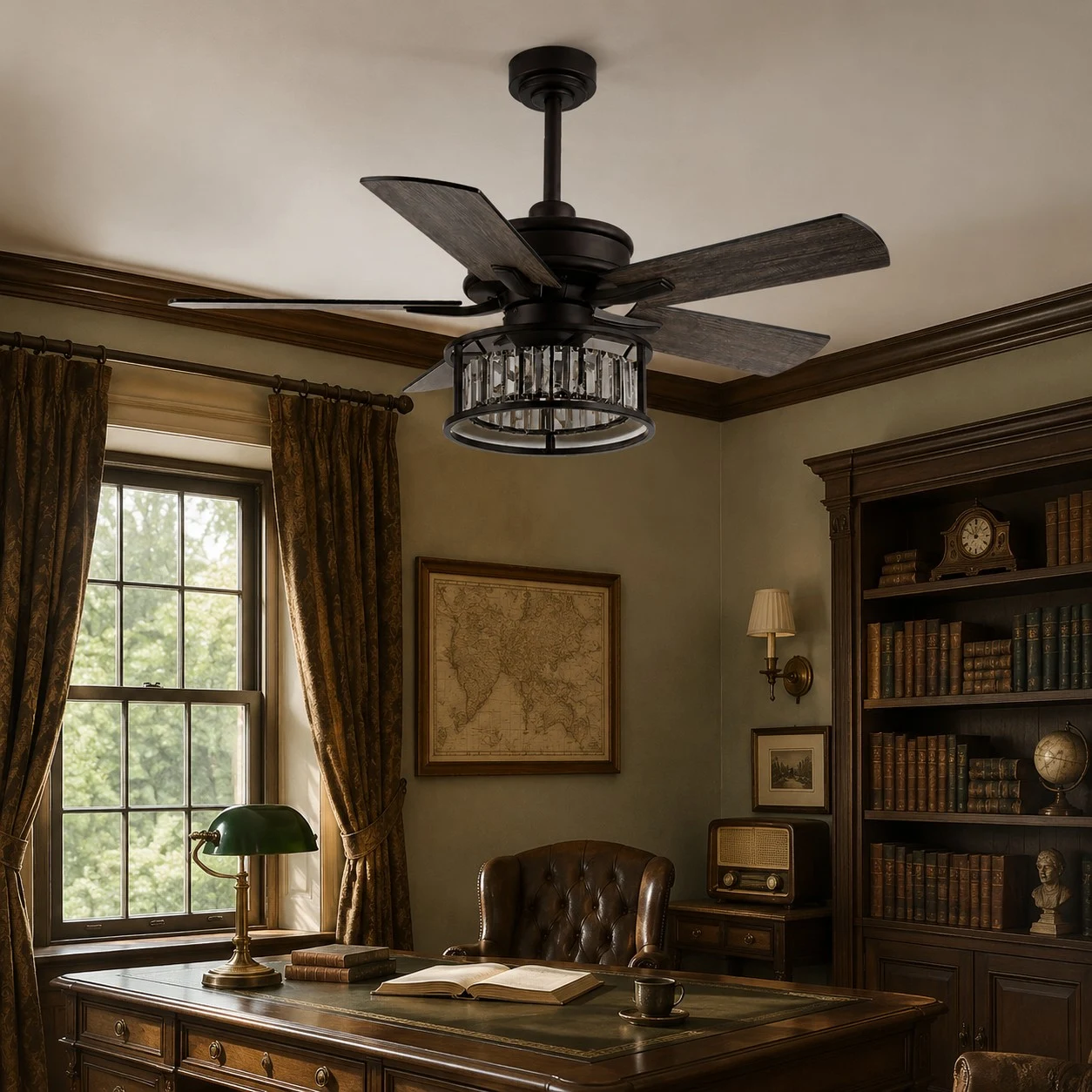 Ventilatore a soffitto con gabbia nera e luce integrata, installato in una stanza in stile classico.