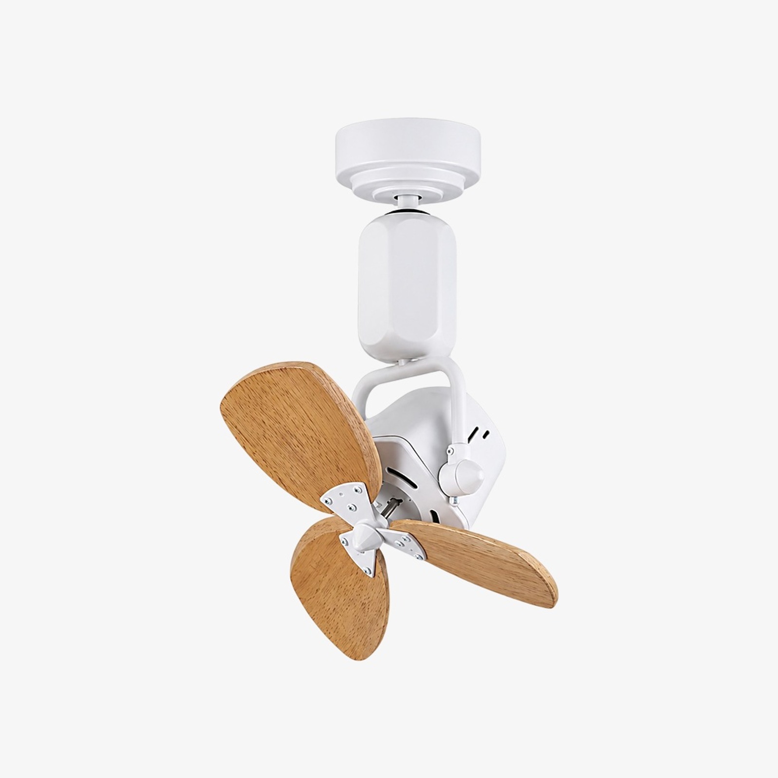 Witte compacte ventilator met bladen in een lichte houtnerfstijl.