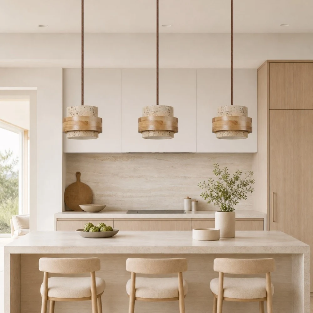 Lampadario a tre luci in travertino sopra una luminosa isola cucina.