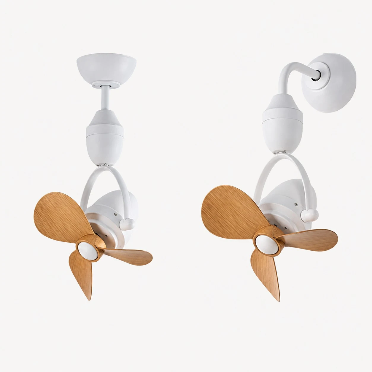 Witte plafondventilator met lichte houten accenten, geschikt voor zowel plafond- als wandmontage.