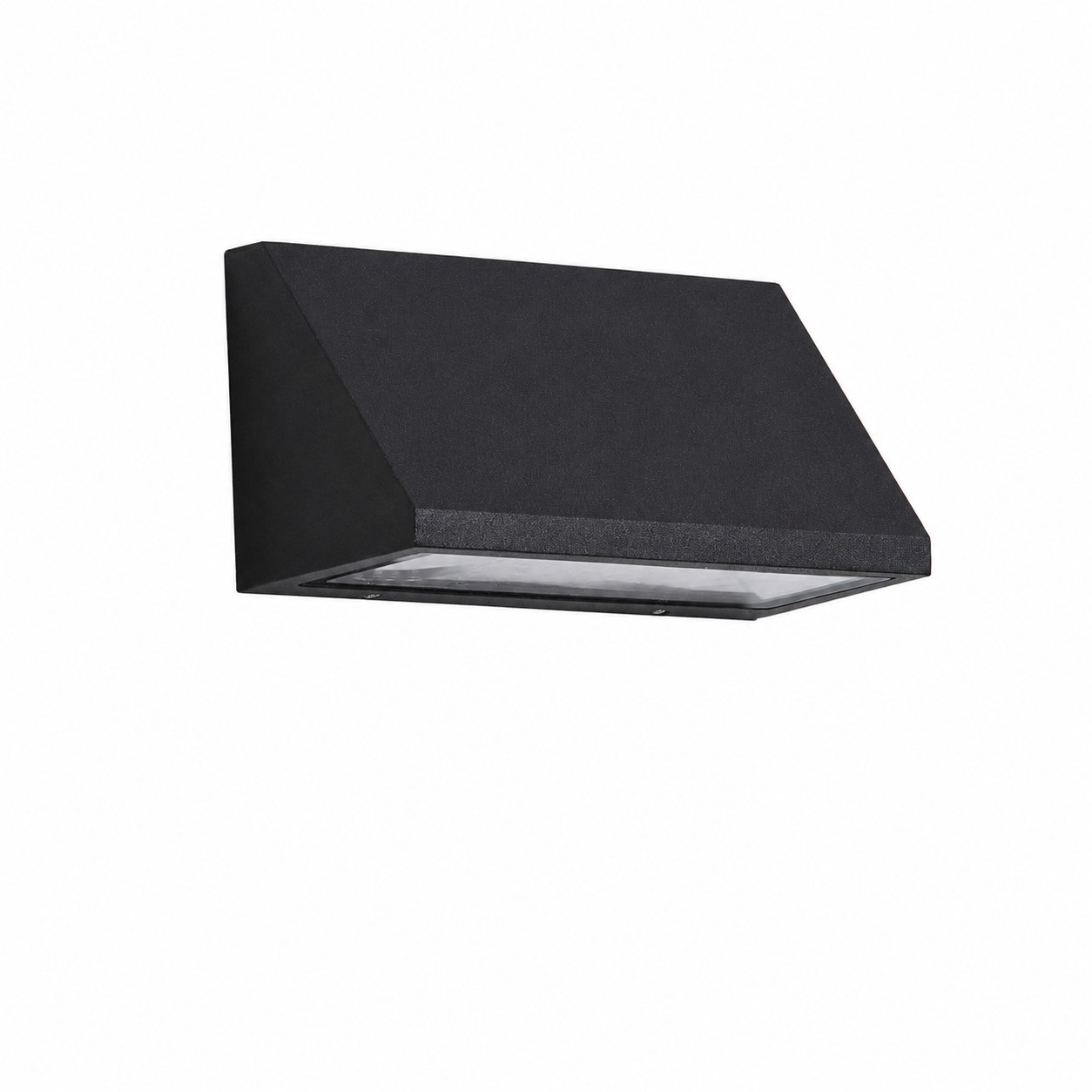 Lámpara de pared LED negra de 8W para exteriores iluminada en una pared exterior limpia.