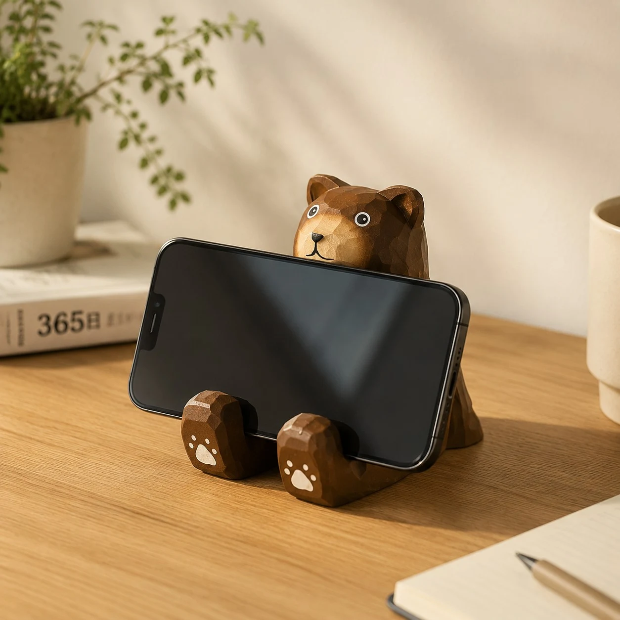 Soporte de teléfono de madera con forma de oso en una escena de escritorio