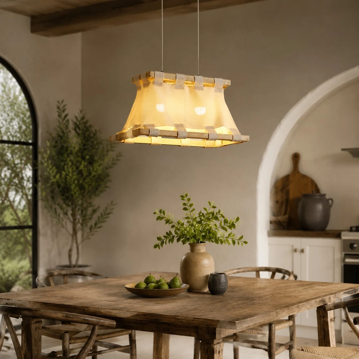 Altre inquadrature della stanza per dare un'idea delle dimensioni e dell'atmosfera. 5 Lampada a sospensione Wabi-Sabi in legno e tessuto