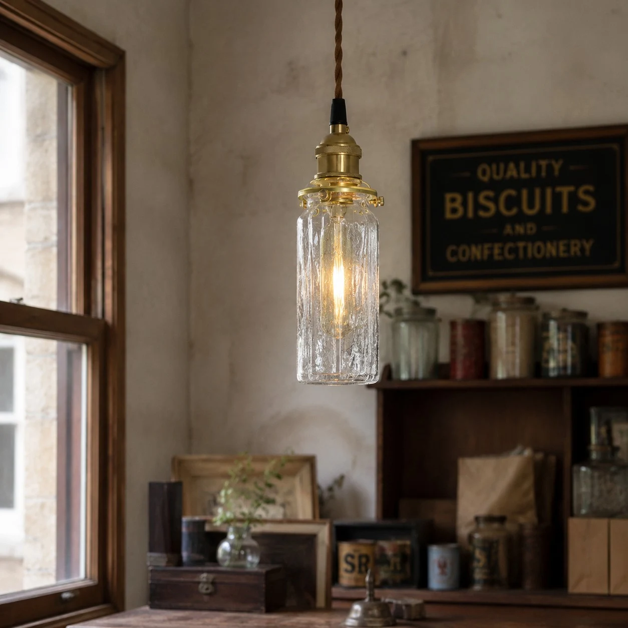 Pendant light near a cabinet in a vintage room