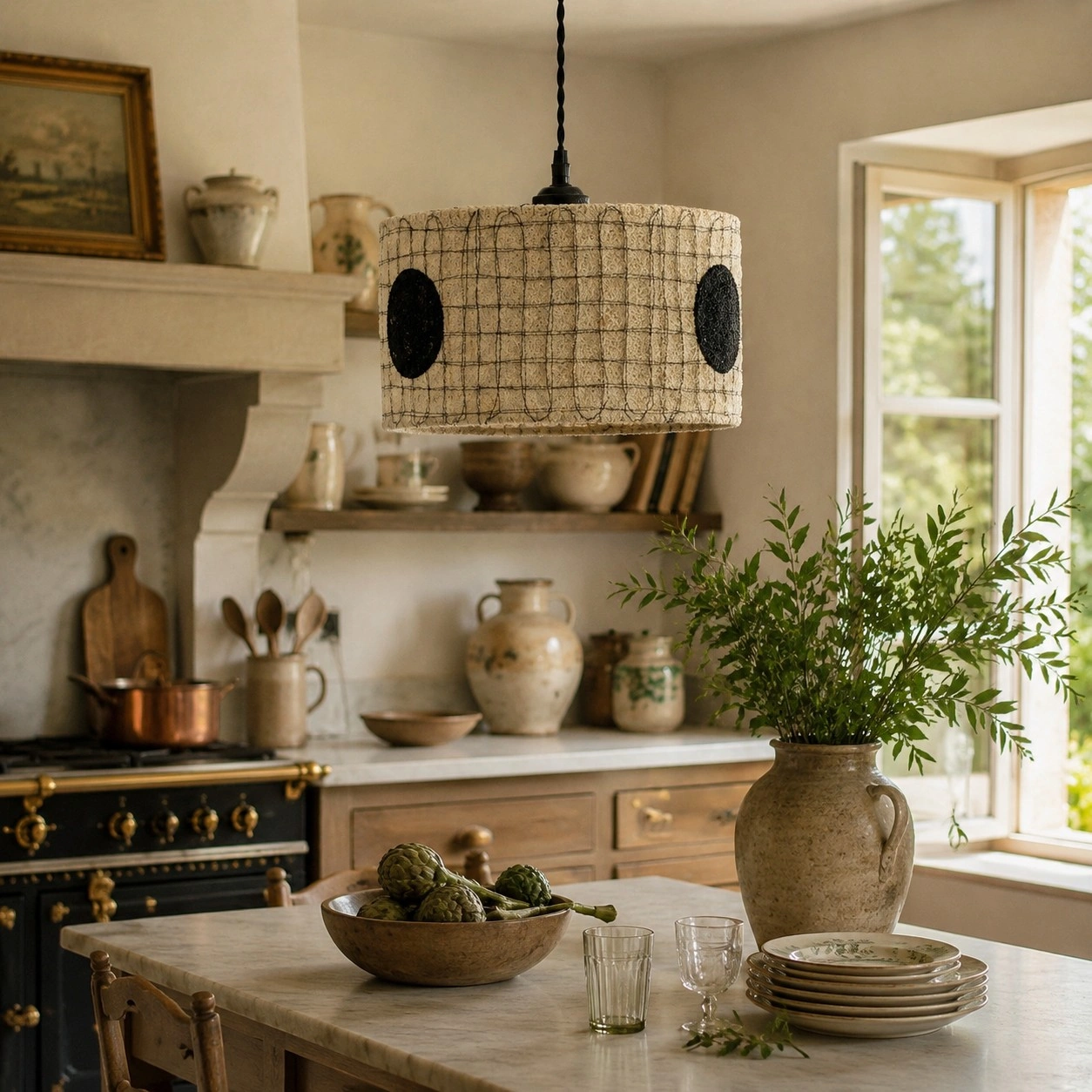 Hanglamp met natuurlijke loofah-afwerking in een keuken.
