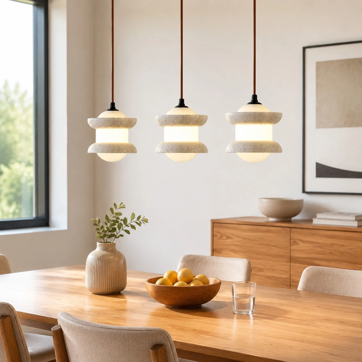 Lampadario a sospensione a tre luci in travertino installato sopra un tavolo da pranzo.