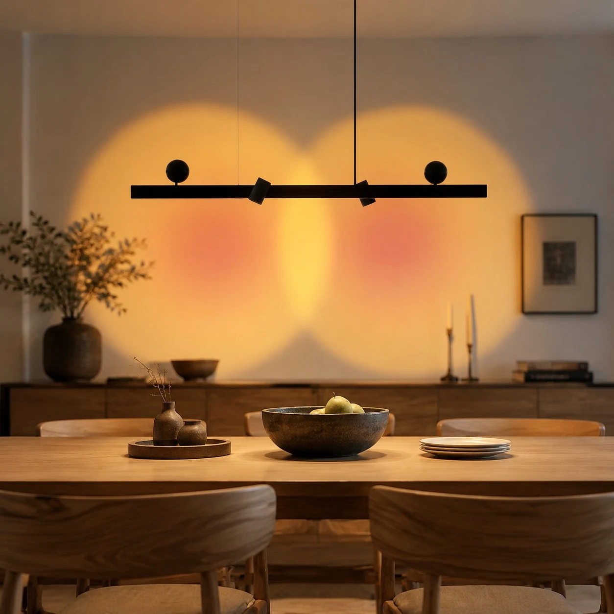 Lampadario lineare nero sopra un tavolo da pranzo con luce calda a parete