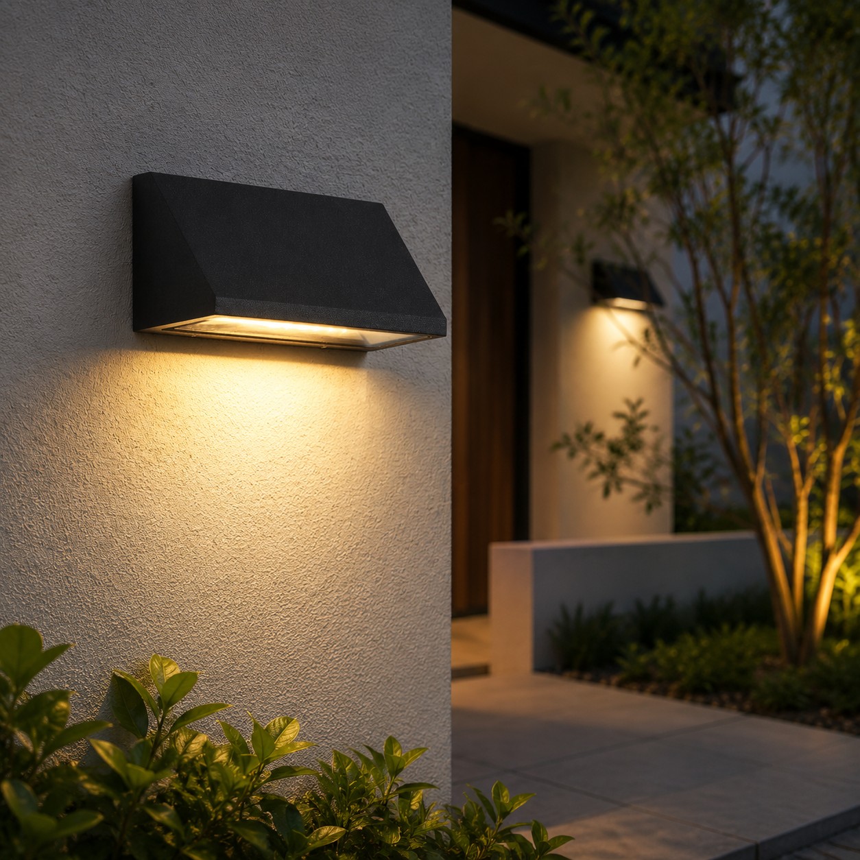 Lámpara de pared LED negra para exteriores instalada en la pared exterior de un patio por la noche.