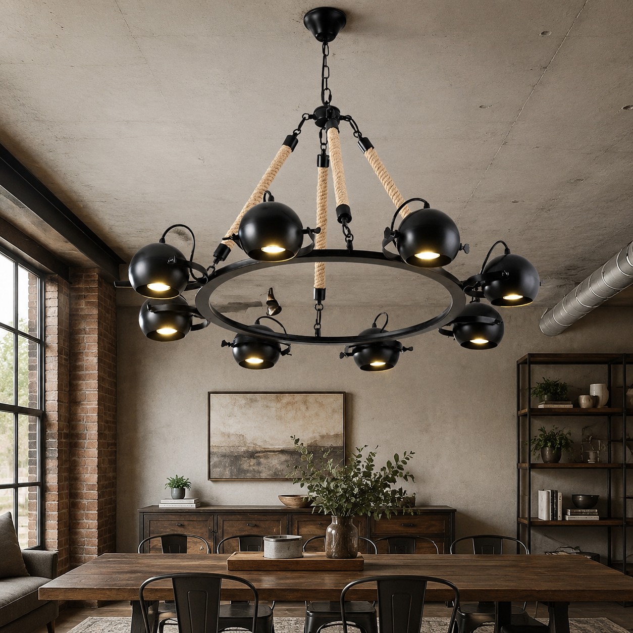 Un lampadario a otto bracci con corde sovrasta un accogliente tavolo da pranzo in una stanza in stile industriale.