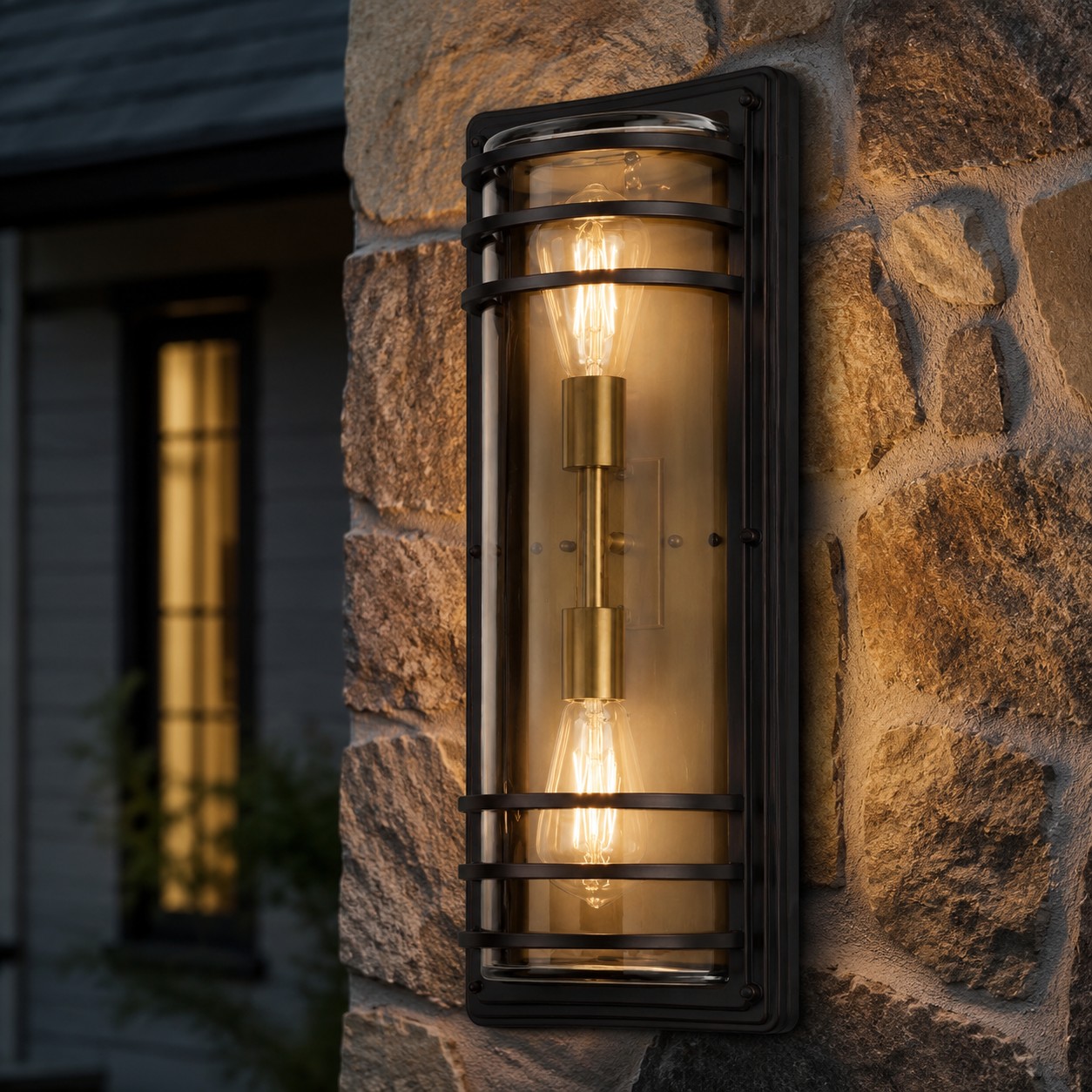Large bronze glass outdoor sconce glowing close up