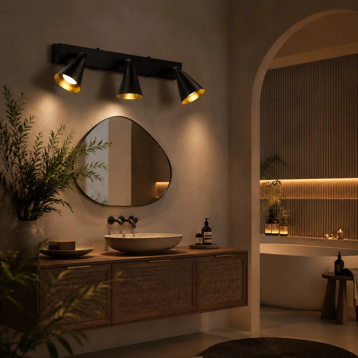 Black adjustable cone wall light in a warm bathroom scene
