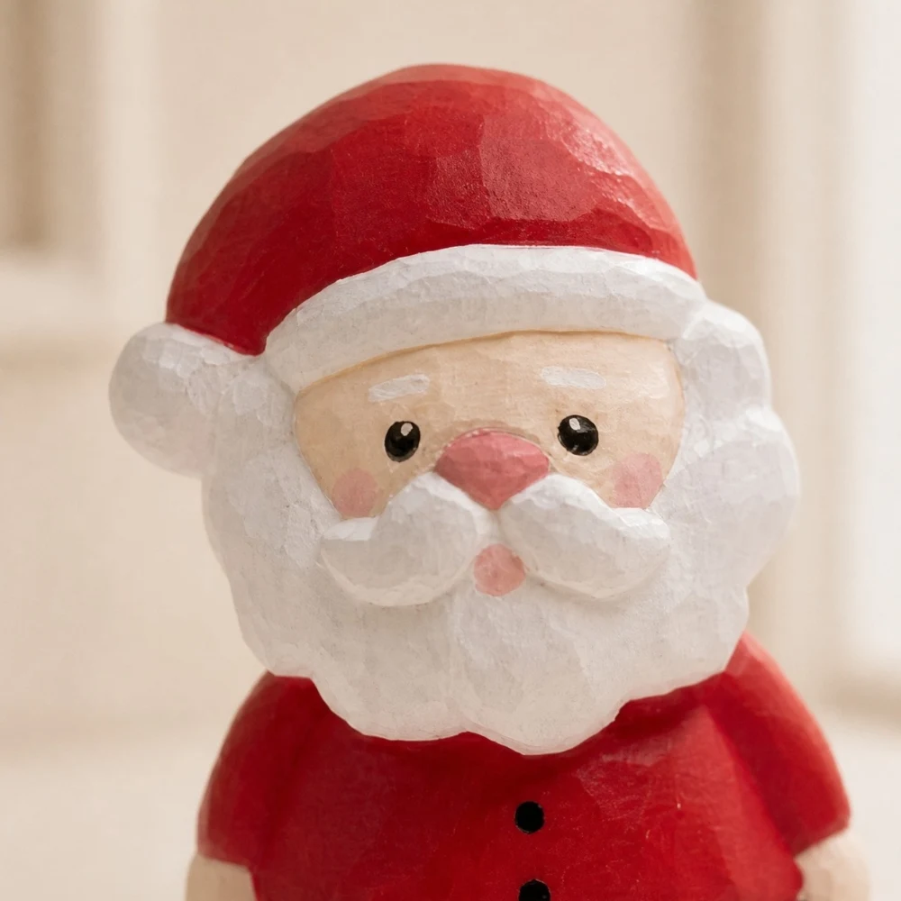 Detalle de la cara y el gorro de Papá Noel hechos a mano en madera.