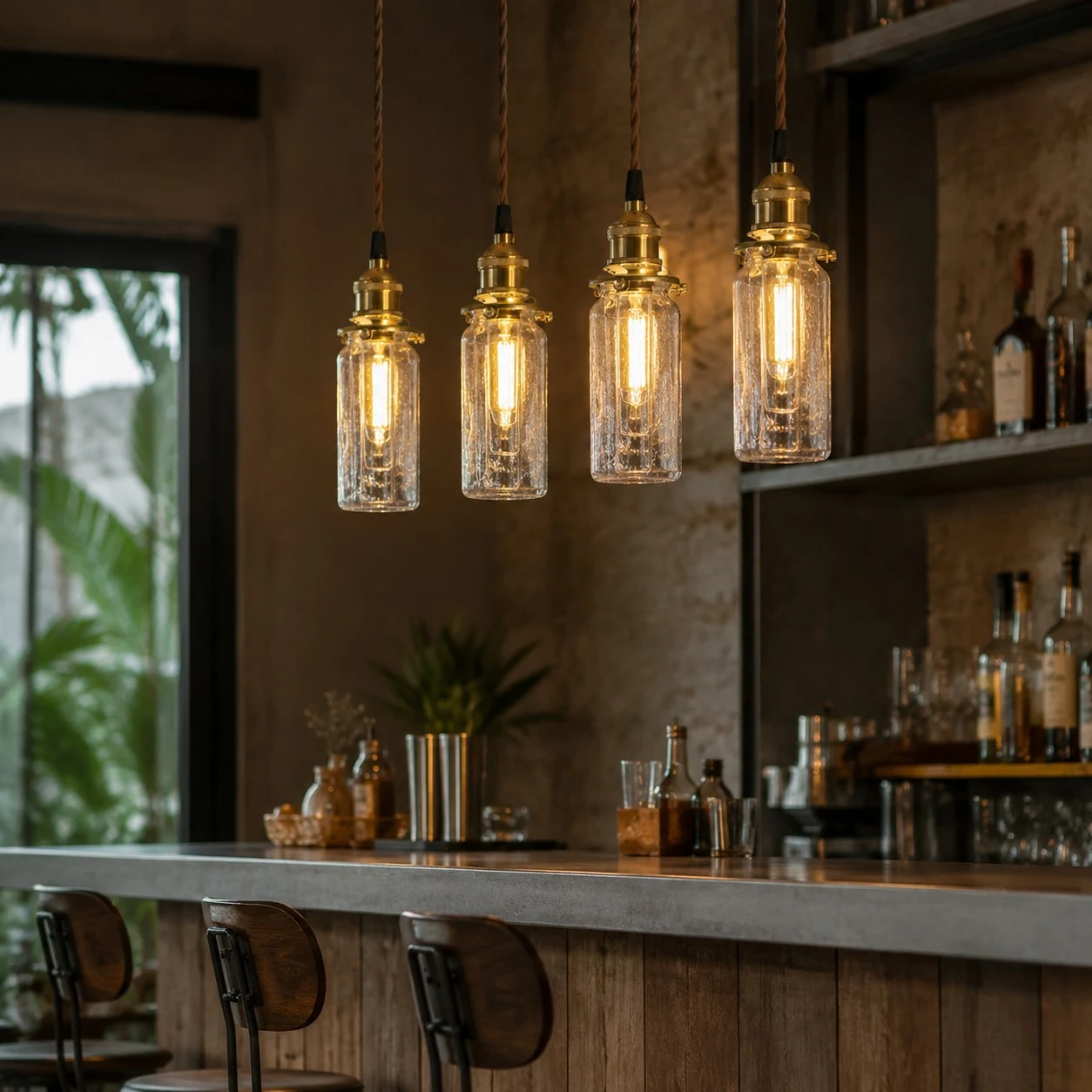 A row of crackle glass pendant lights over a counter