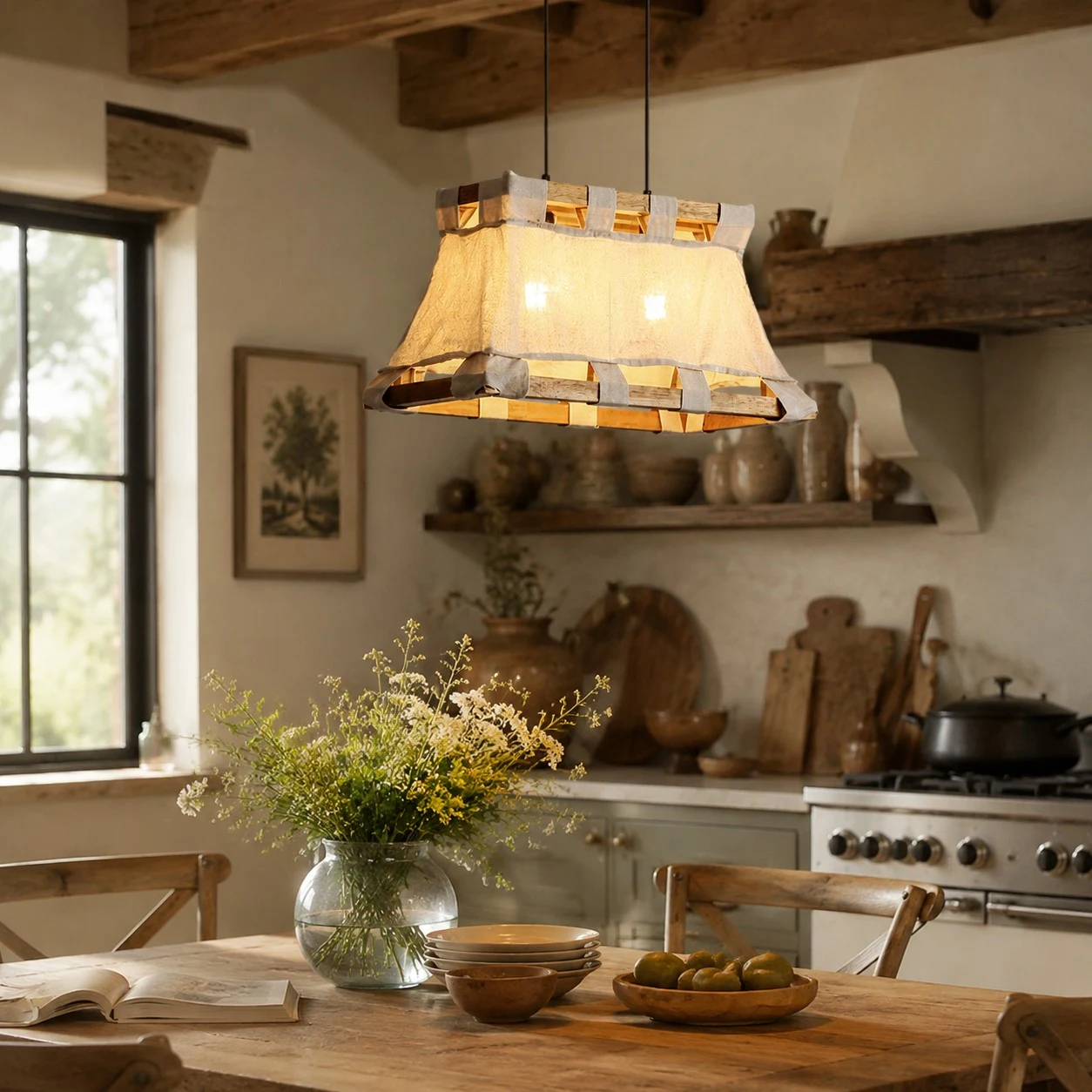 Altre inquadrature della stanza per dare un'idea delle dimensioni e dell'atmosfera. 1 Lampada a sospensione Wabi-Sabi in legno e tessuto