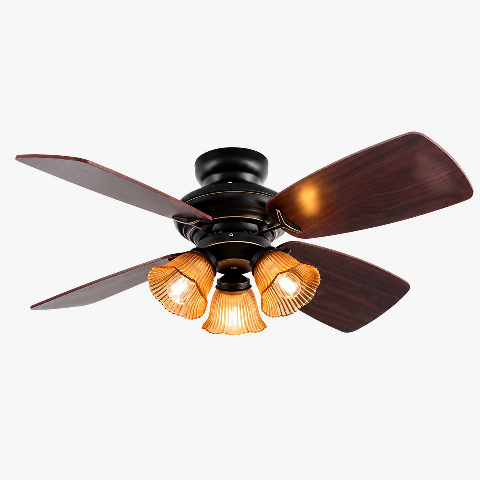 Ceiling-mounted black amber glass ceiling fan light with wood-look blades