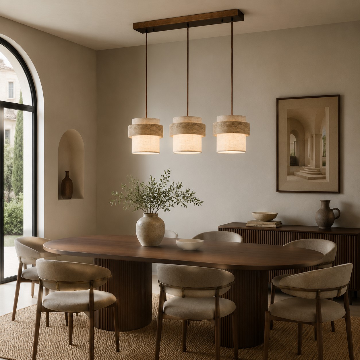 Lampadario a sospensione a tre teste in tessuto travertino sopra il tavolo da pranzo.