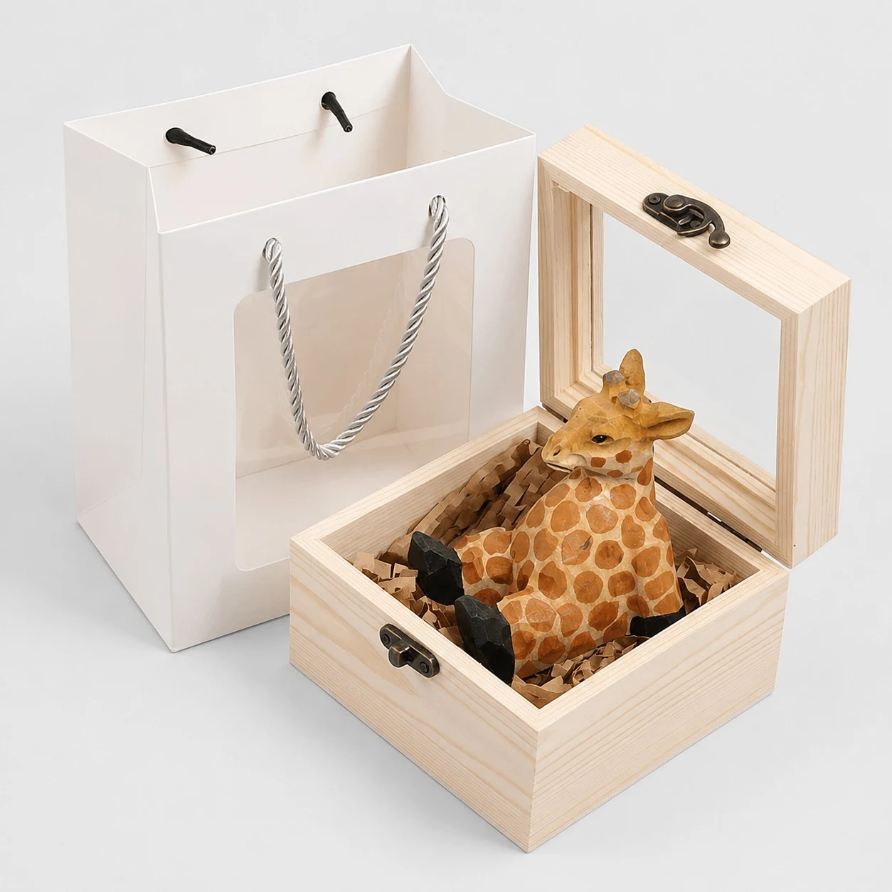 Set de regalo con forma de jirafa y soporte para teléfono de madera tallada a mano con forma de animal.