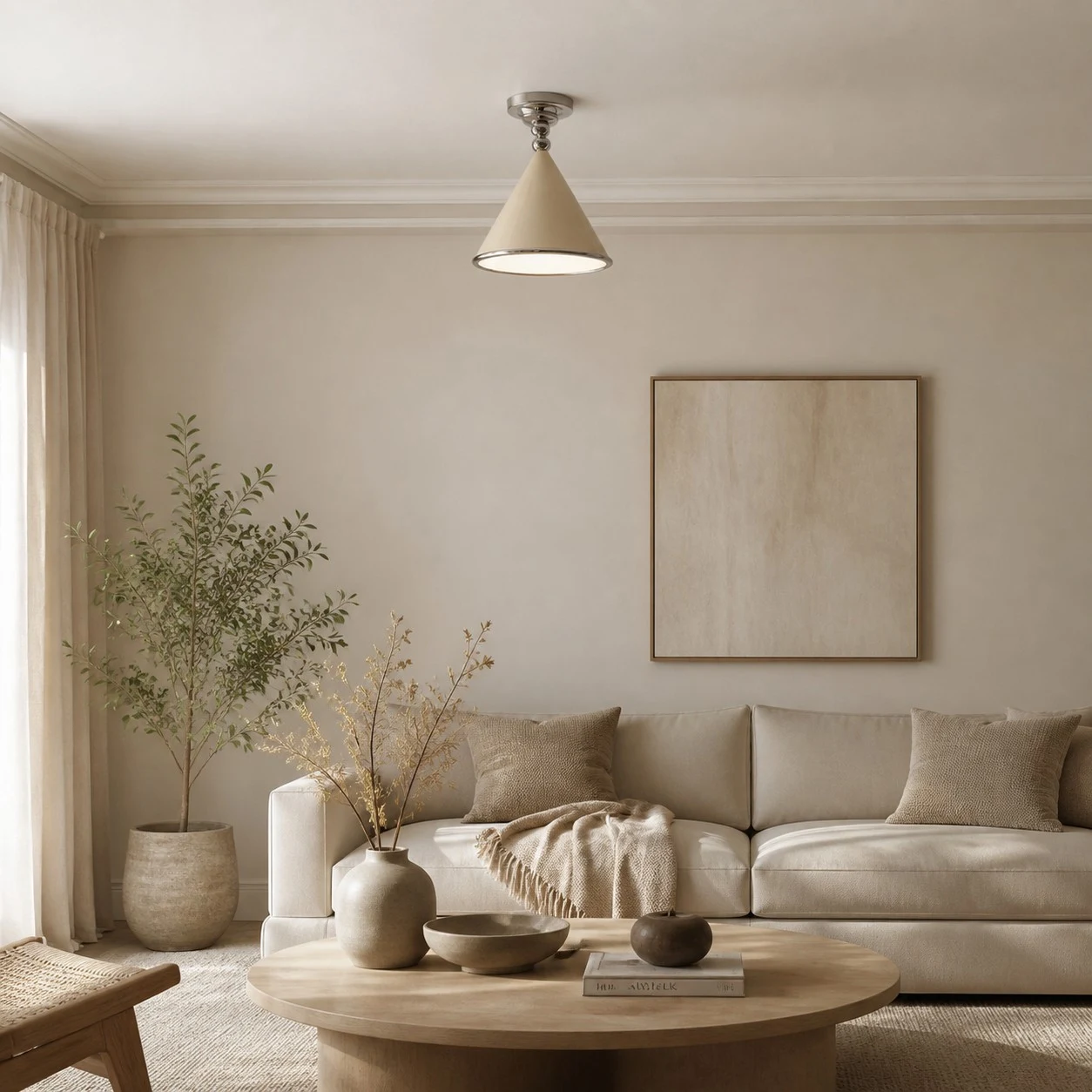 Plafonnier conique crème installé dans une chambre