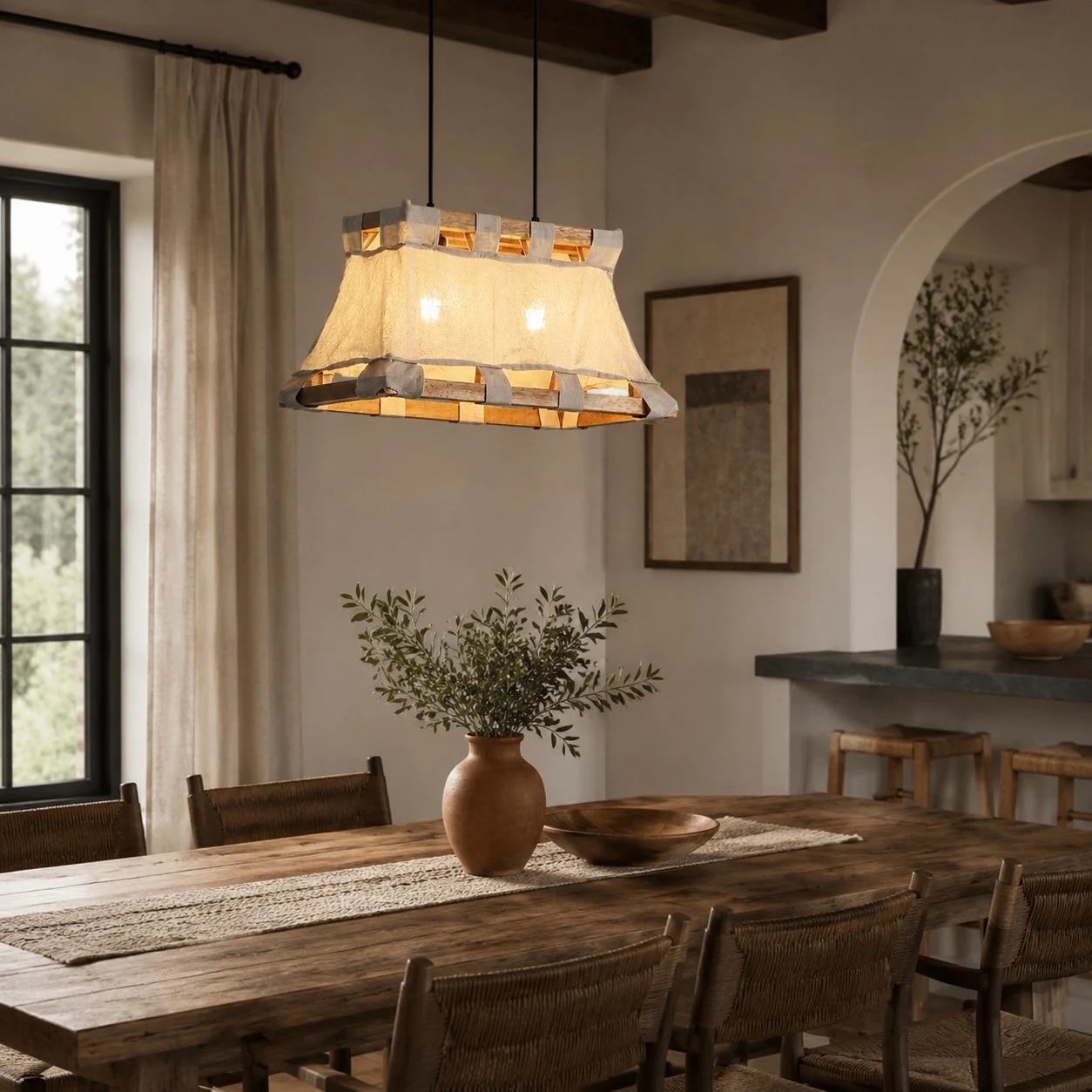Restaurant style fabric pendant over dining table