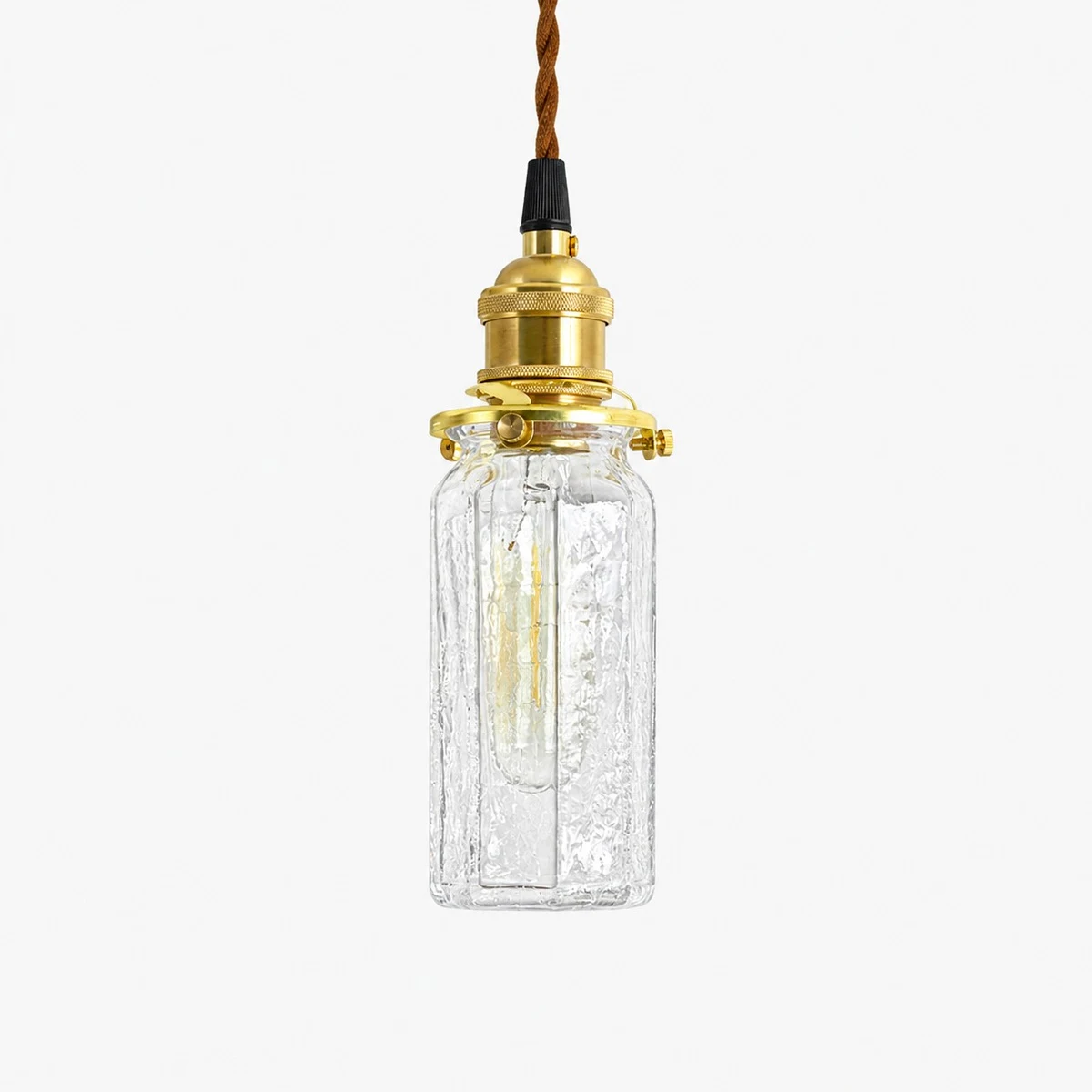 Clear crackle glass pendant light on a gray SKU background