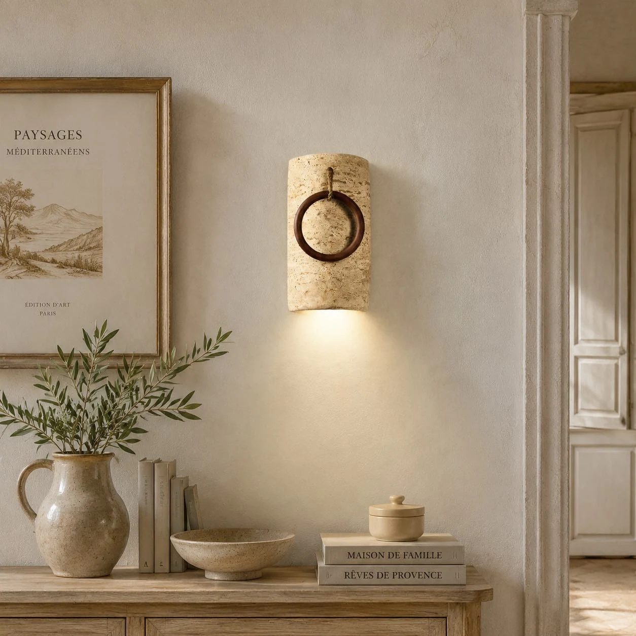 Applique a parete dai toni caldi installata sopra una consolle in un soggiorno con mobili dalla texture particolare.