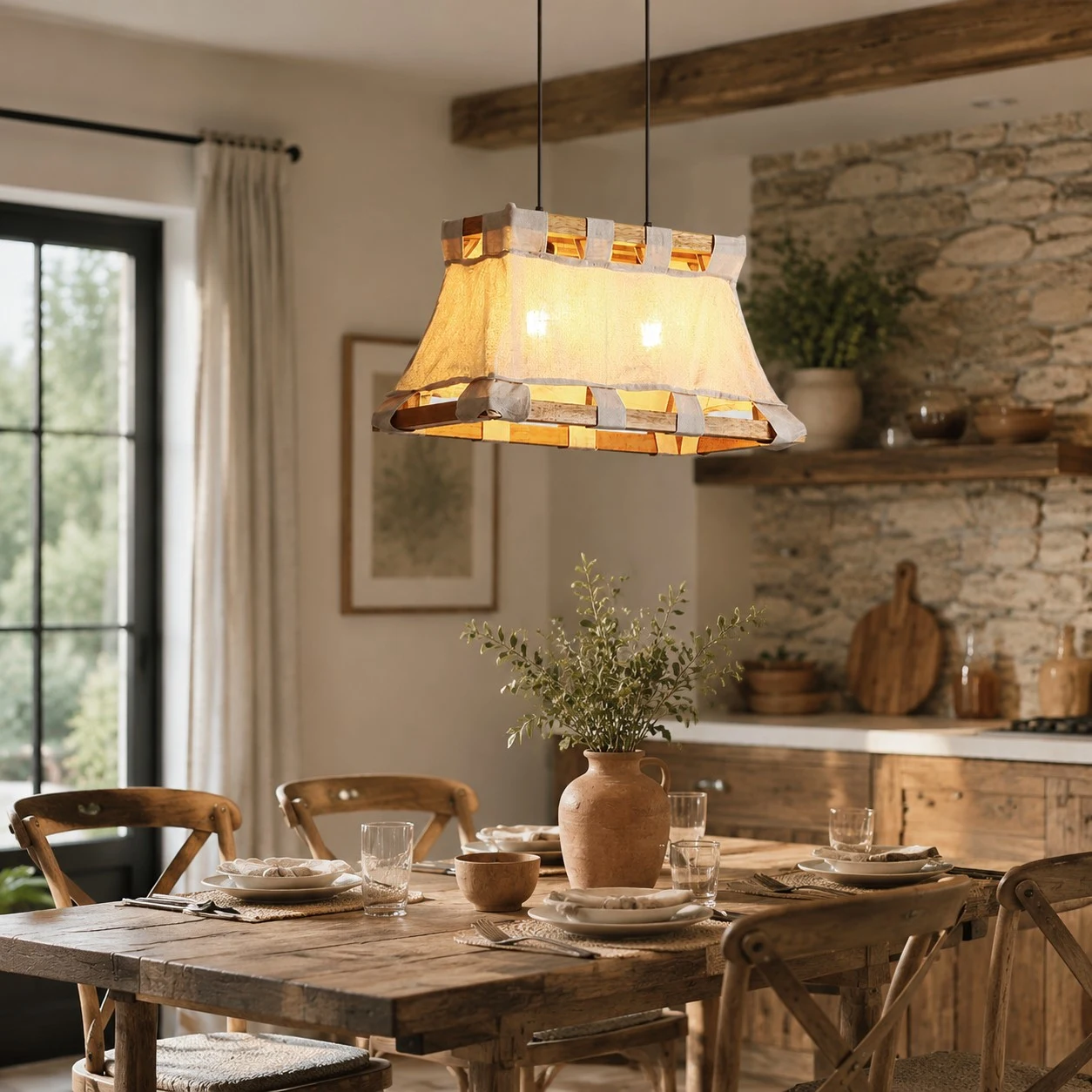 Altre inquadrature della stanza per dare un'idea delle dimensioni e dell'atmosfera. 3 Lampada a sospensione Wabi-Sabi in legno e tessuto