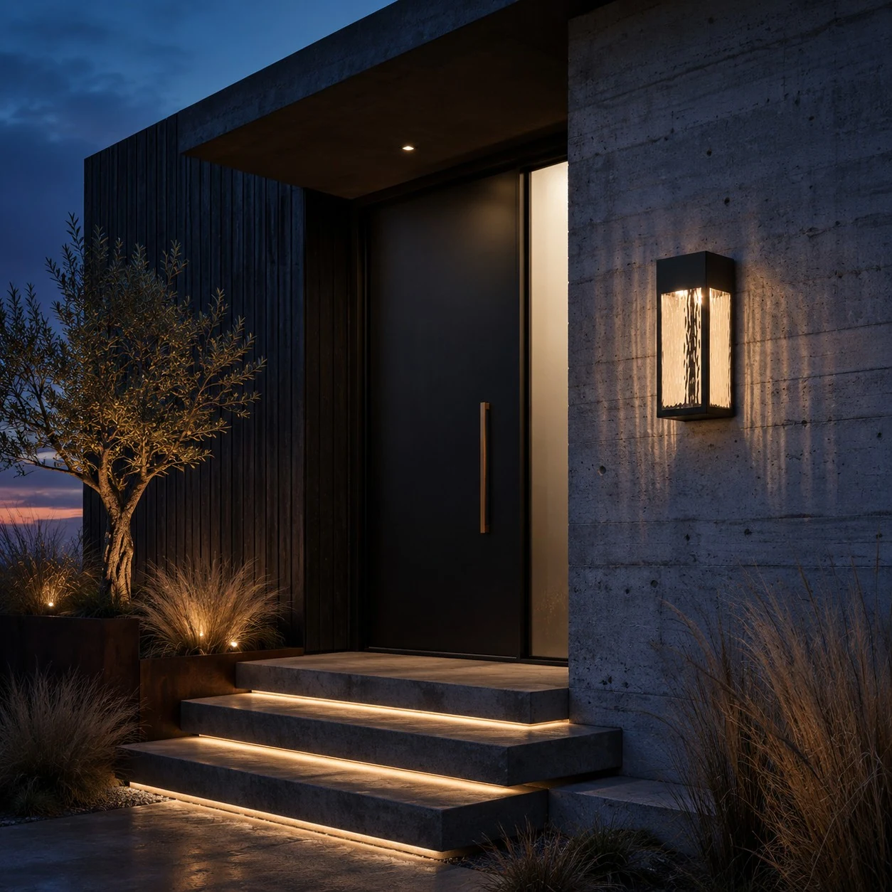 Matte black outdoor wall sconce installed beside a modern entry