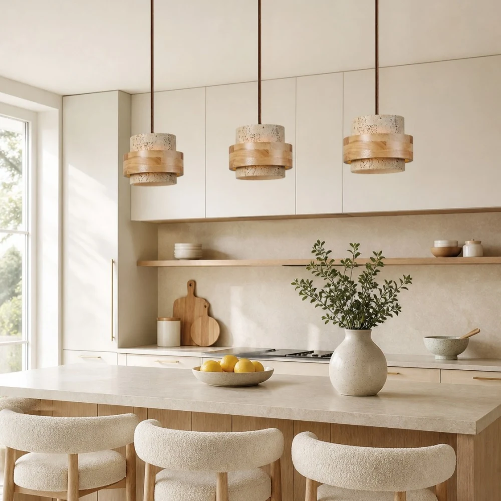 Lampadario a tre luci in travertino in una sala da pranzo naturale
