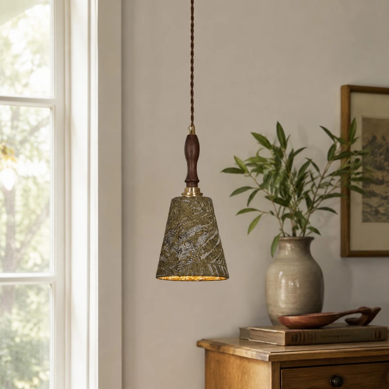 Narrow pendant on cabinet scene