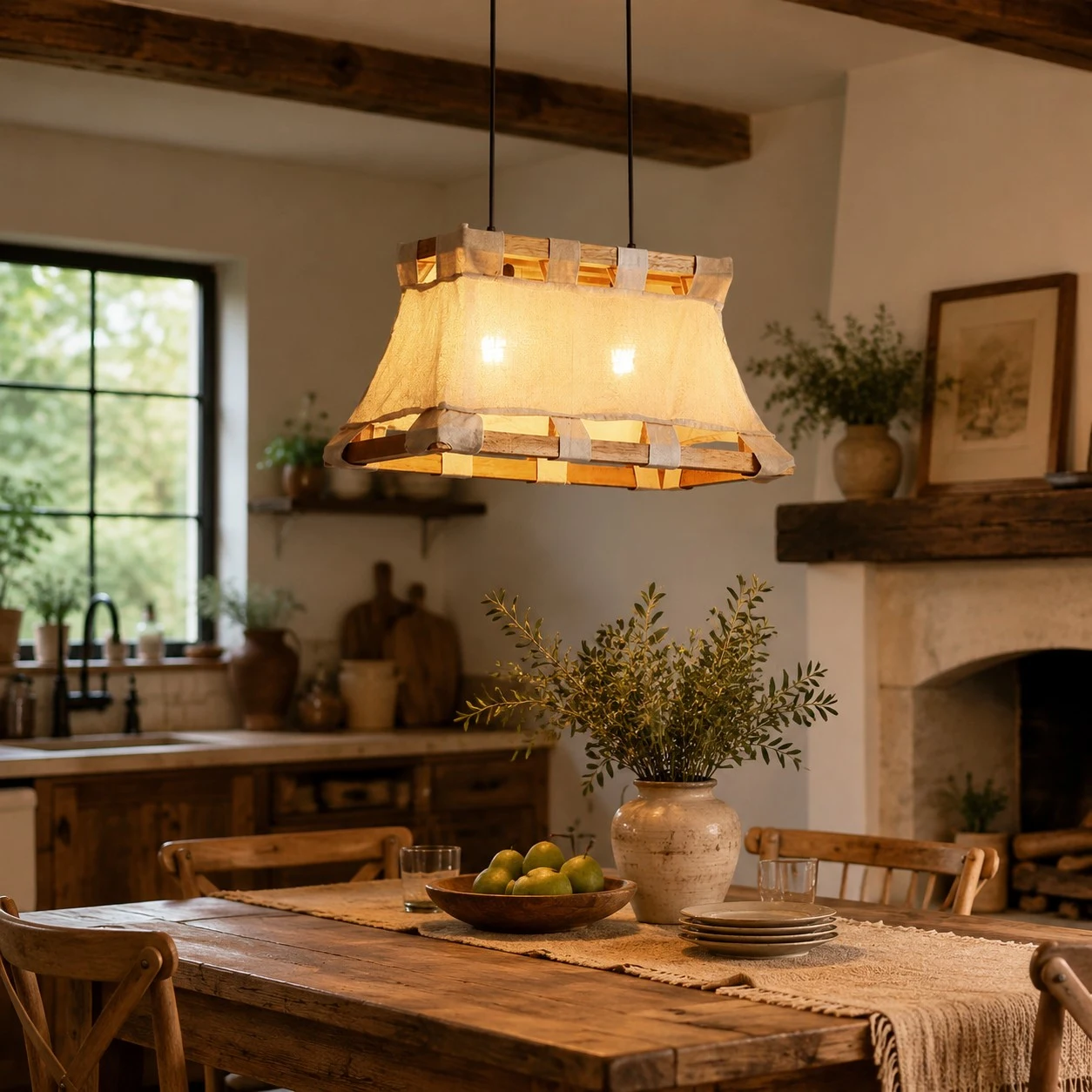 Altre inquadrature della stanza per dare un'idea delle dimensioni e dell'atmosfera. 2 Lampade a sospensione Wabi-Sabi in legno e tessuto