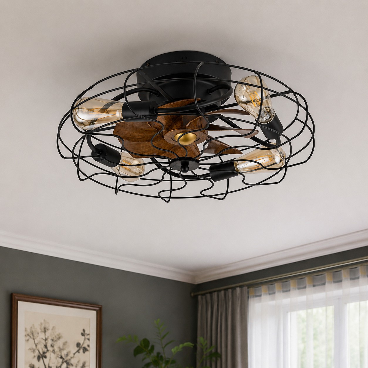 Ventilateur de plafond vintage avec éclairage intégré installé dans une pièce