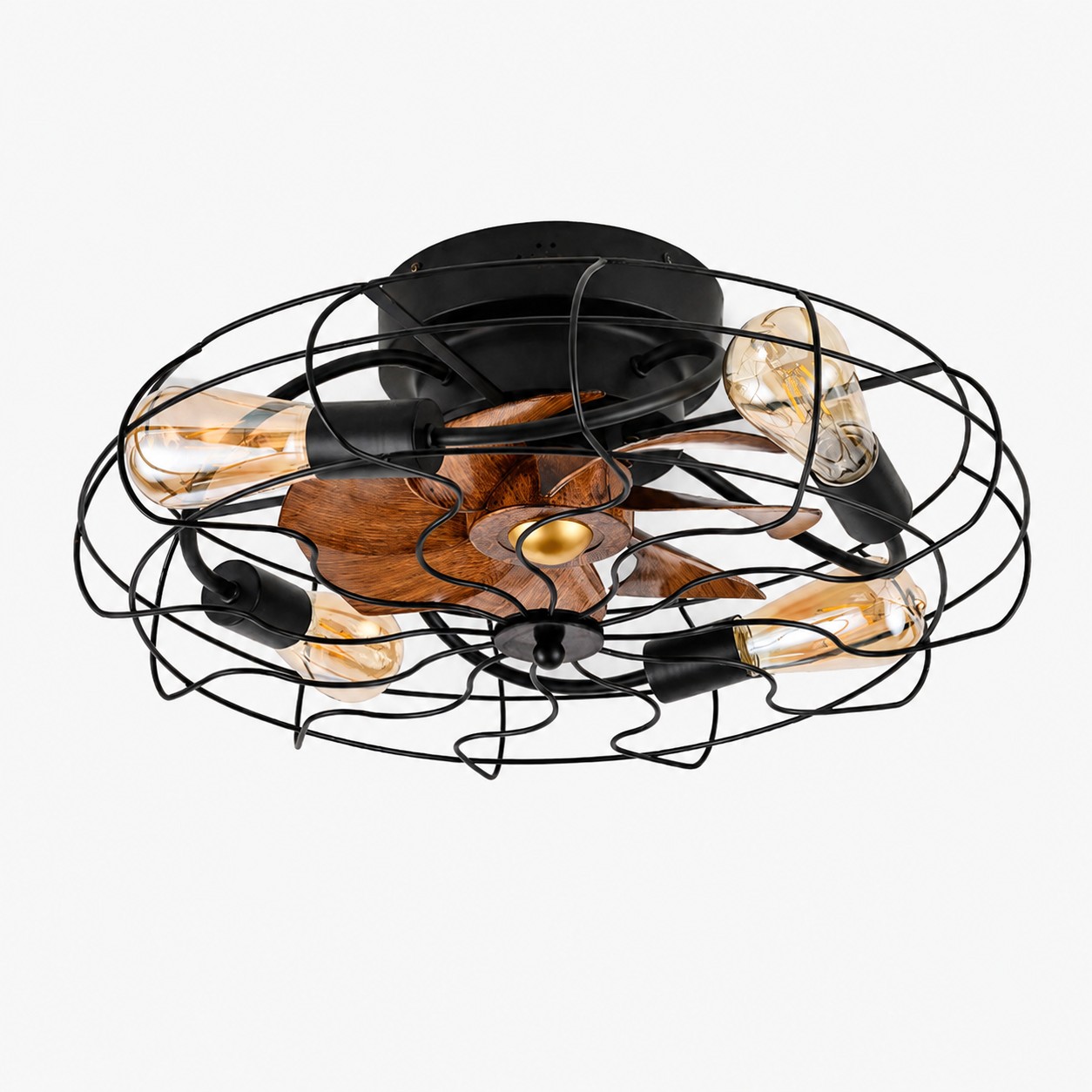 Vue du produit : ventilateur de plafond avec éclairage intégré, noir et imitation bois