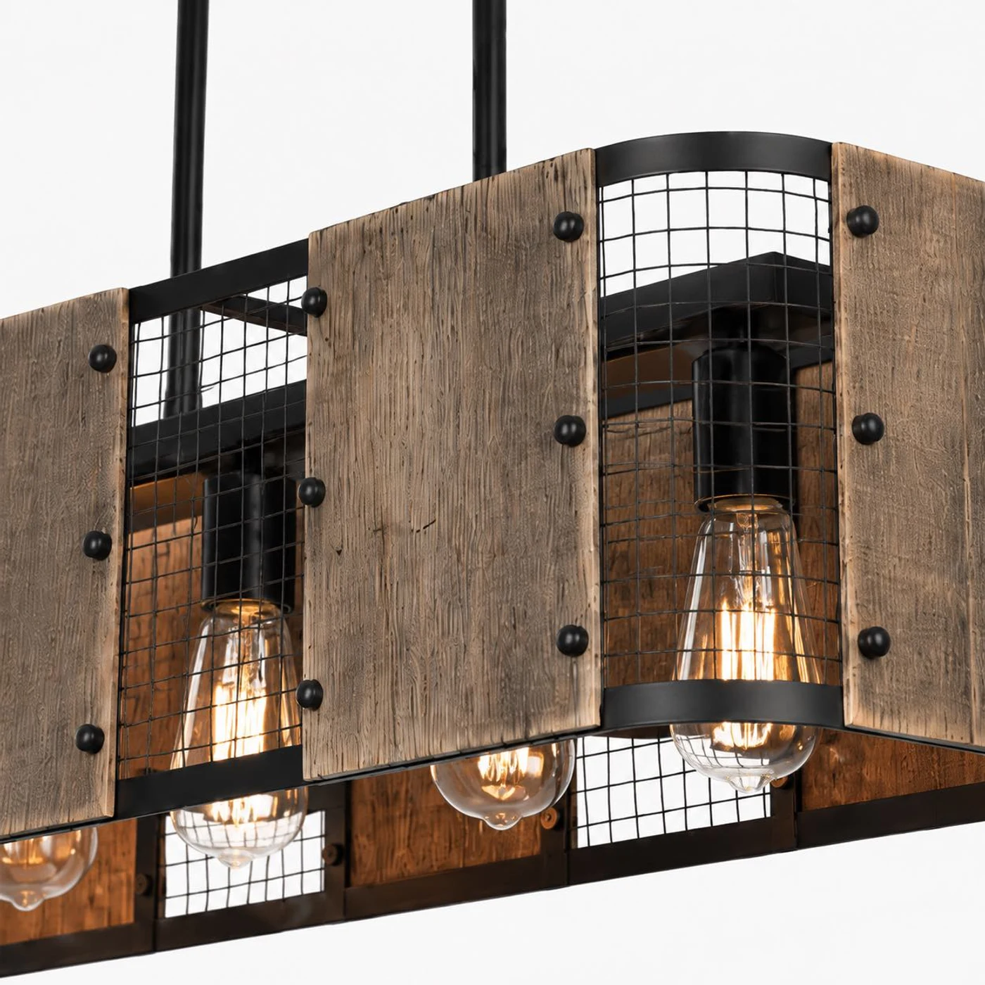 Detail van een rechthoekig frame met vijf lampen en een lampenkap.