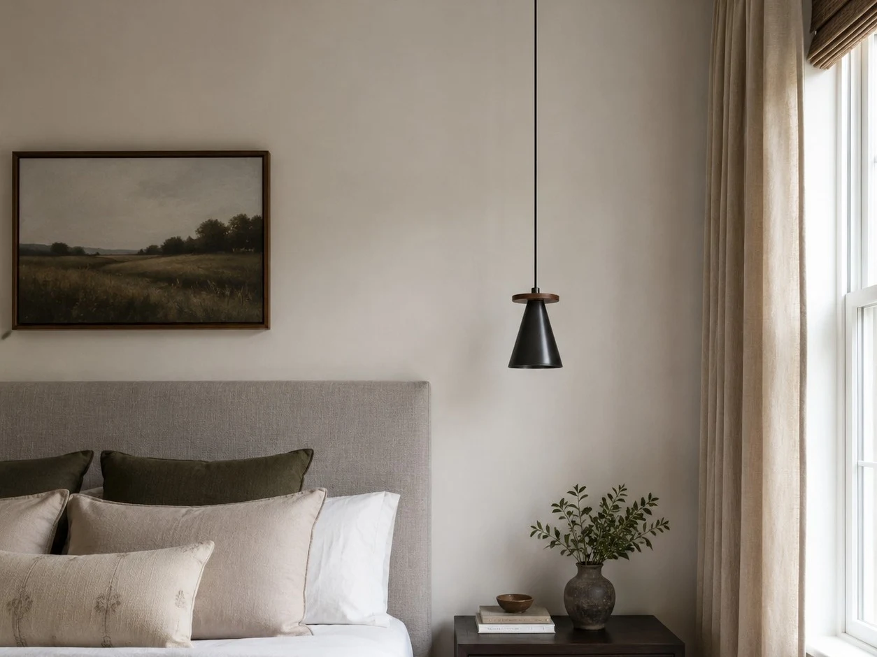 Hanglamp van zwart walnotenhout boven een bar.