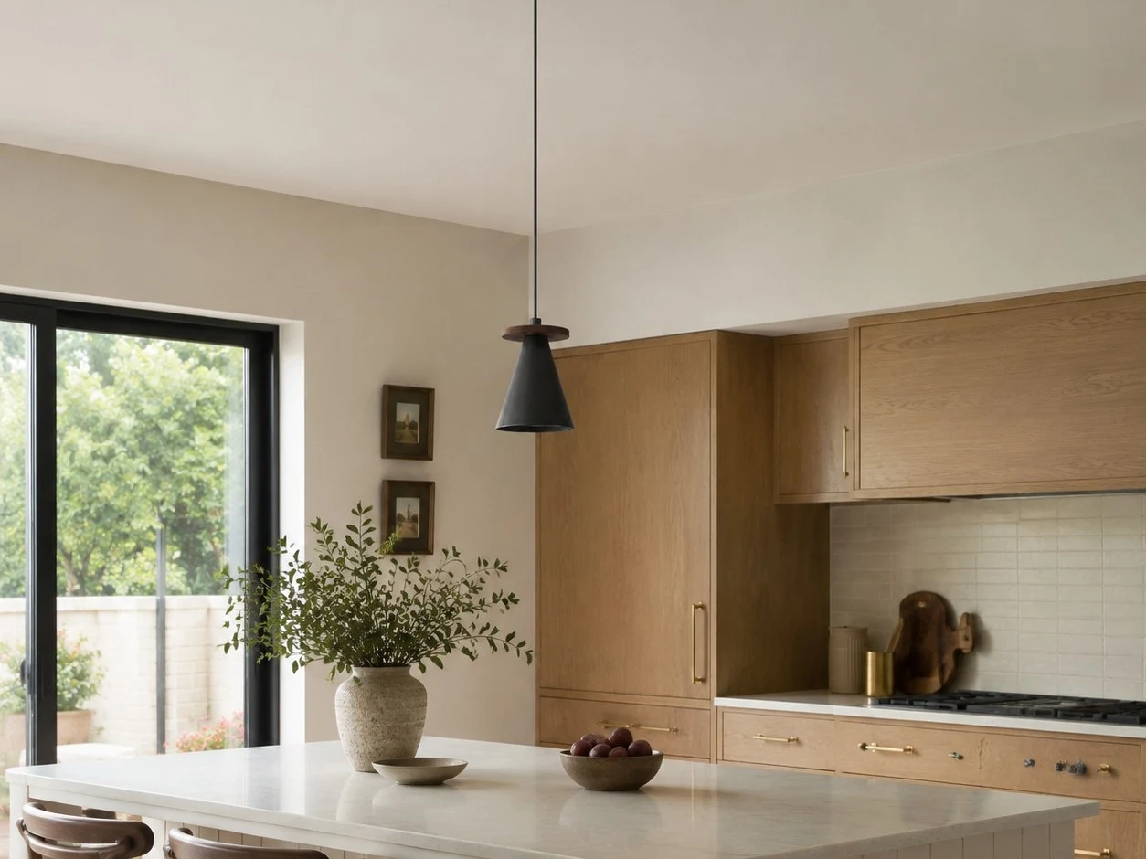 Hanglamp van zwart walnotenhout in een slaapkamer.