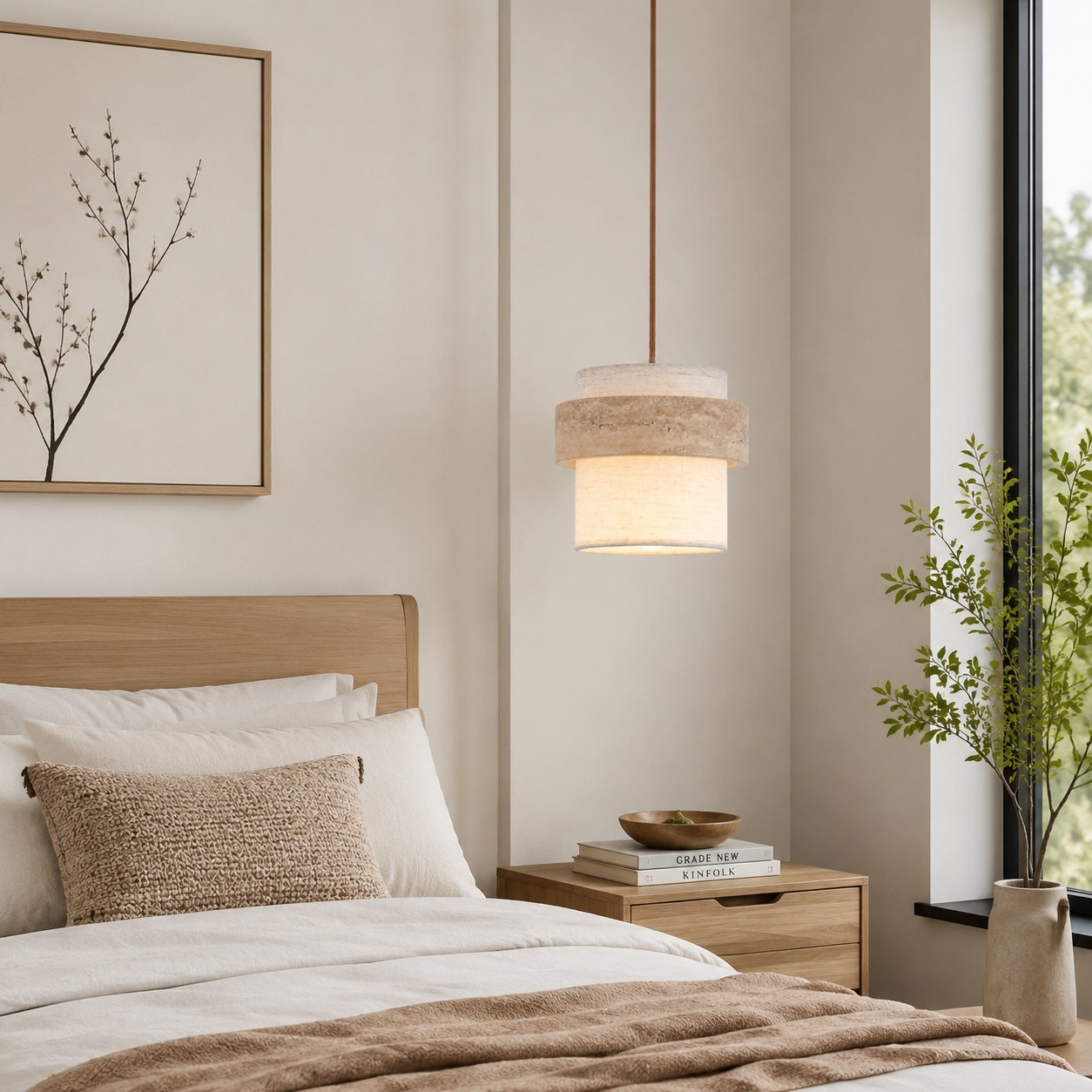 Lampadario singolo in tessuto travertino in una camera da letto