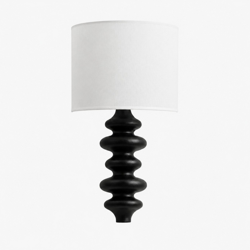 Lampada da parete scultorea in ebano con paralume in tessuto bianco