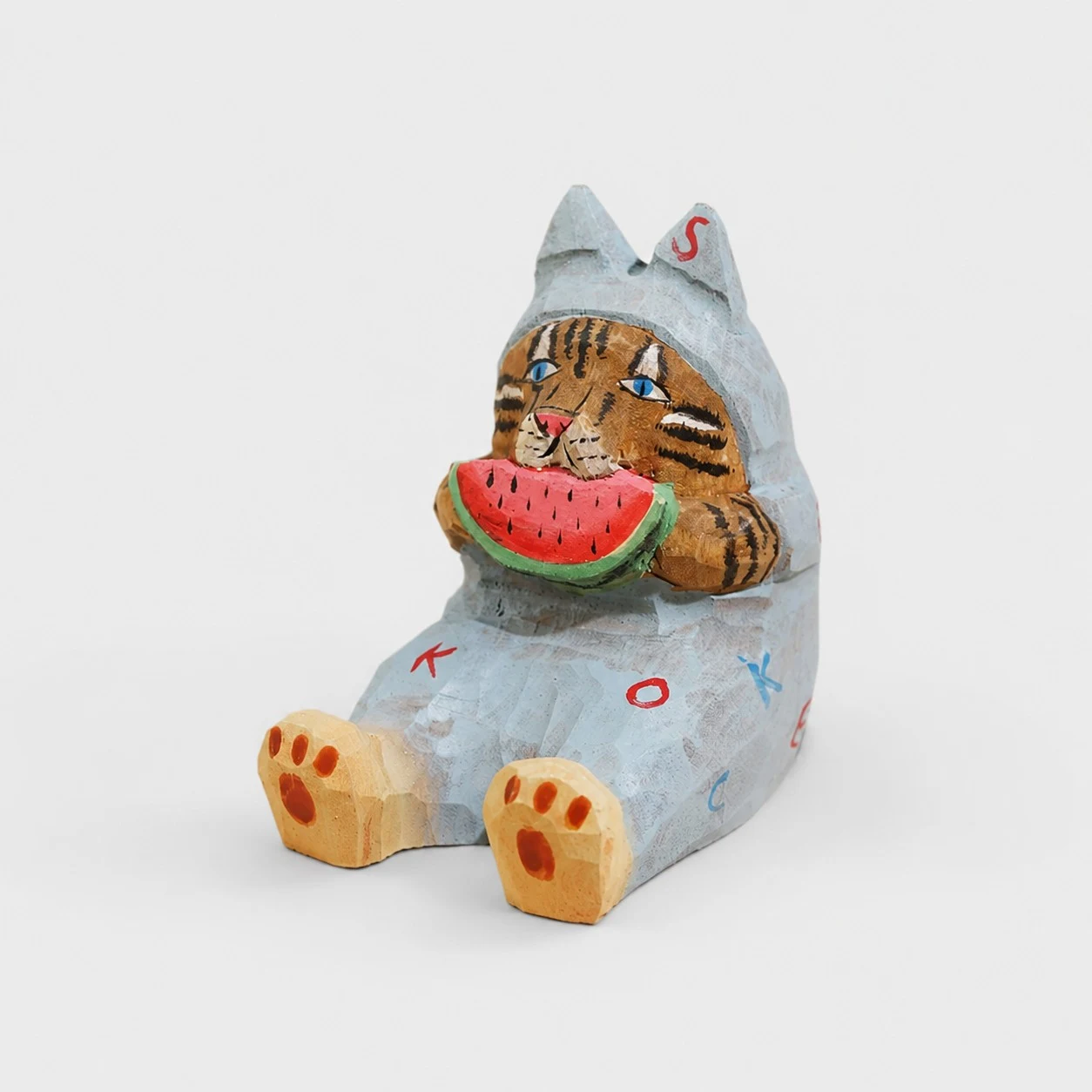 Soporte para teléfono de madera tallada a mano con forma de gato melón