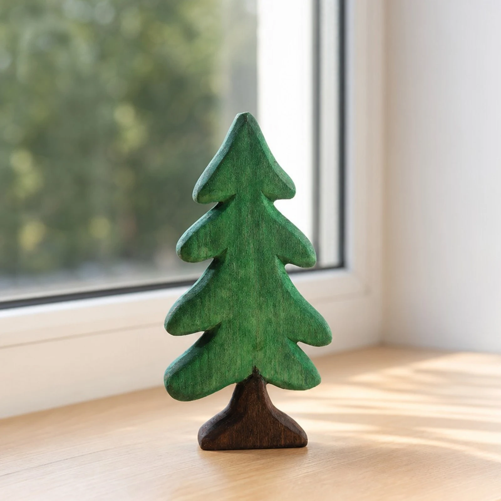Adorno de pino de madera verde junto a una ventana.
