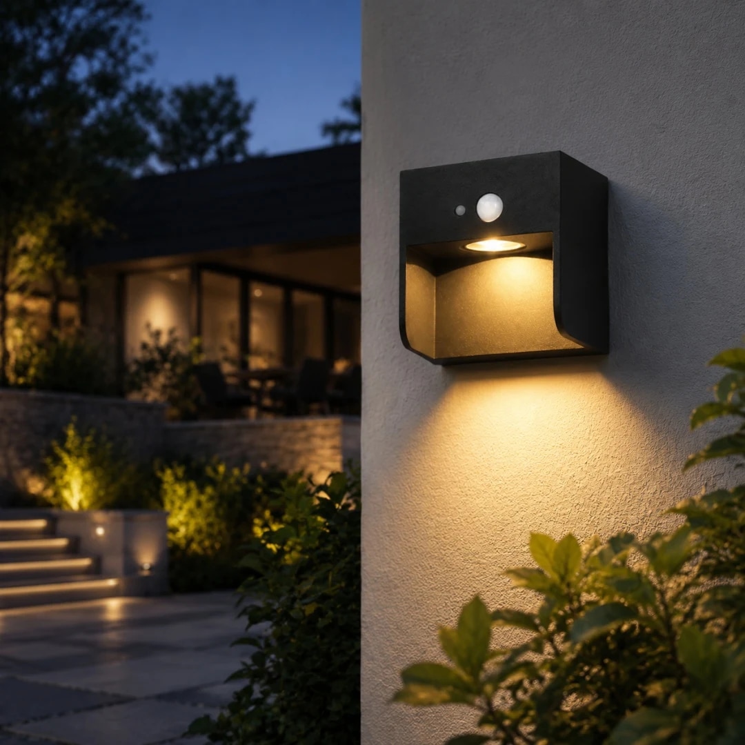 Style D black outdoor wall lamp with warm downlight on exterior wall
