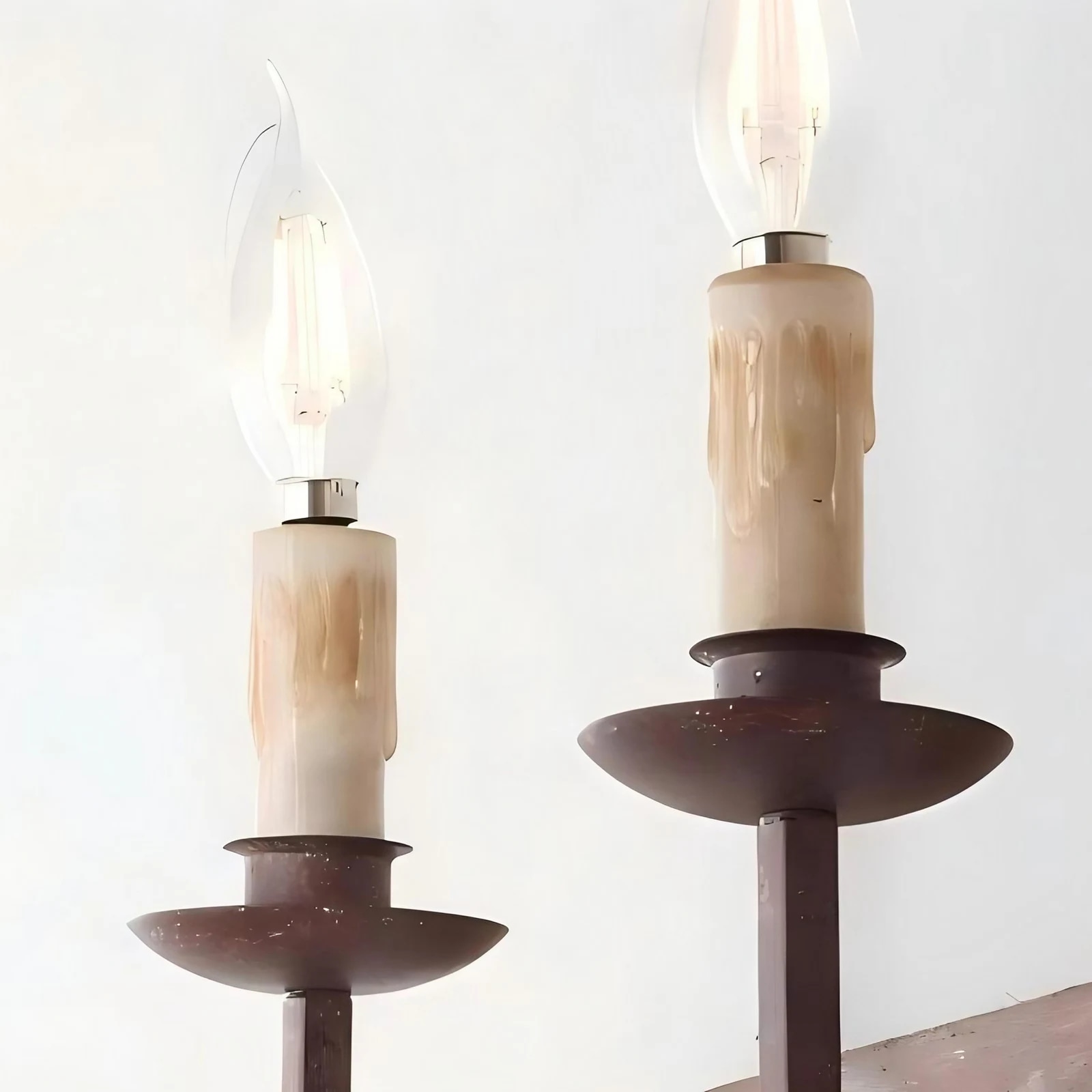 Close detail of the candle style sleeves and warm flame shaped bulbs
