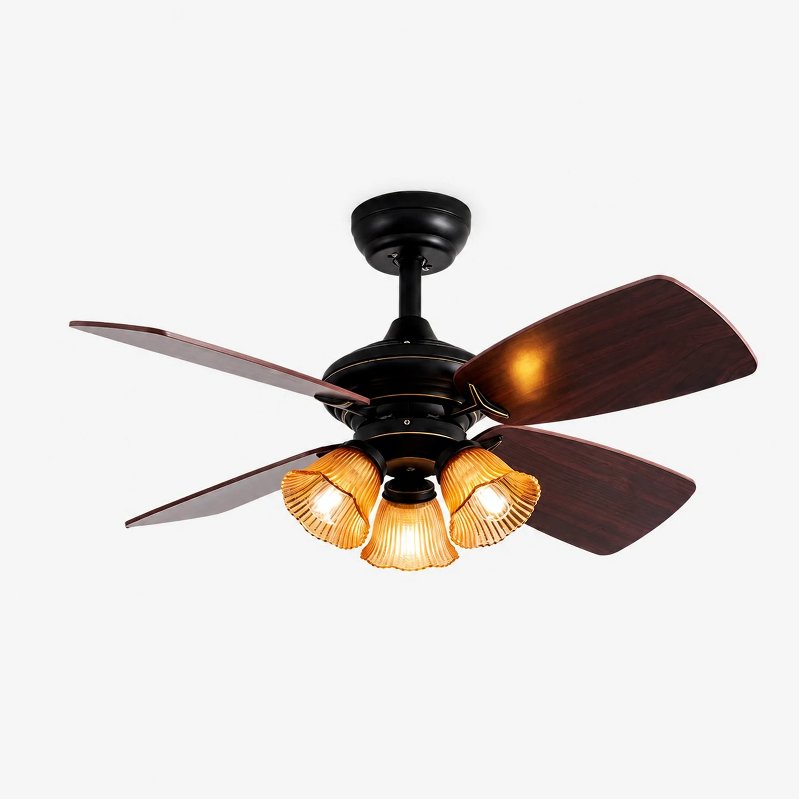 Hanging rod style black amber glass ceiling fan light angled view