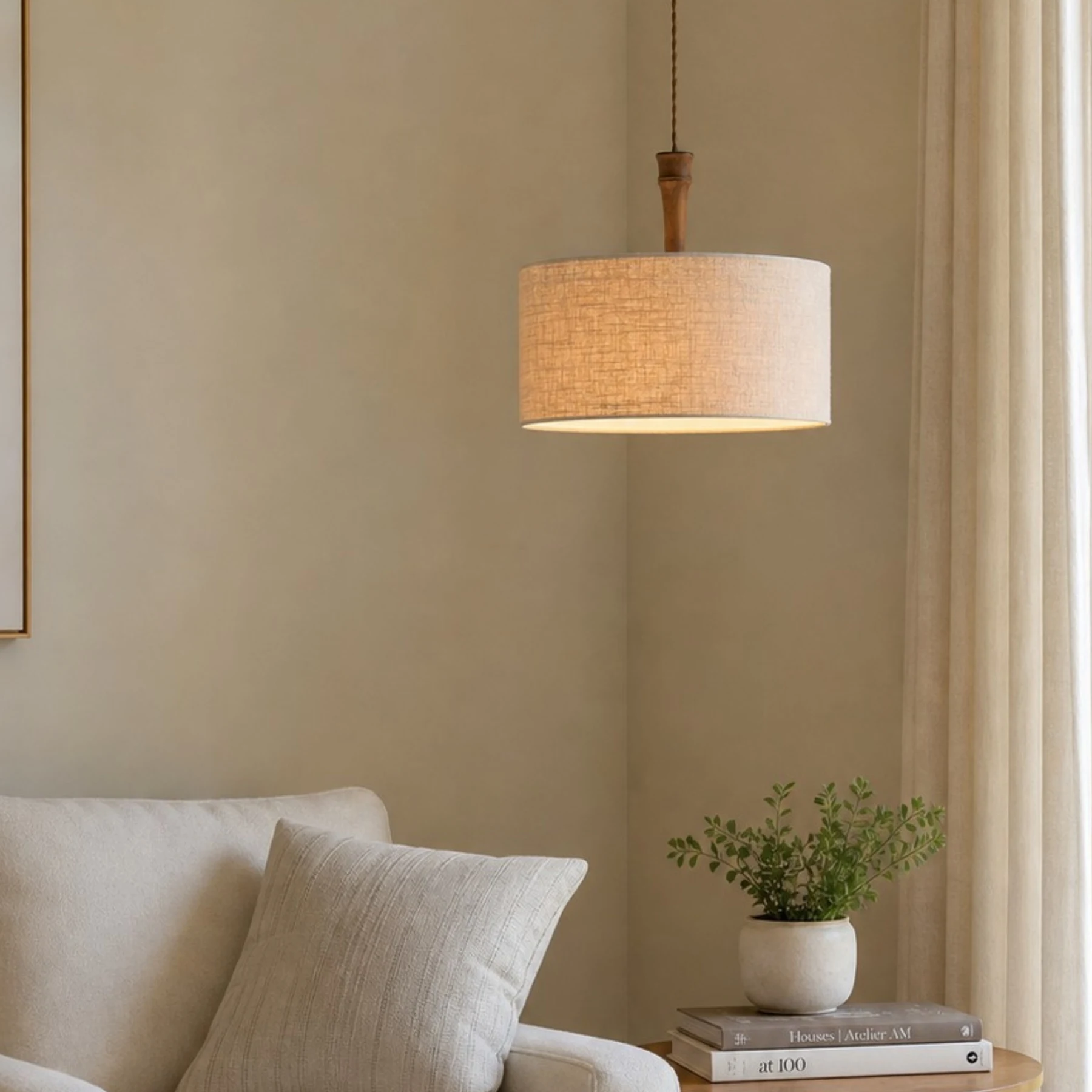 Lampada a sospensione cilindrica in lino naturale da posizionare accanto al letto.