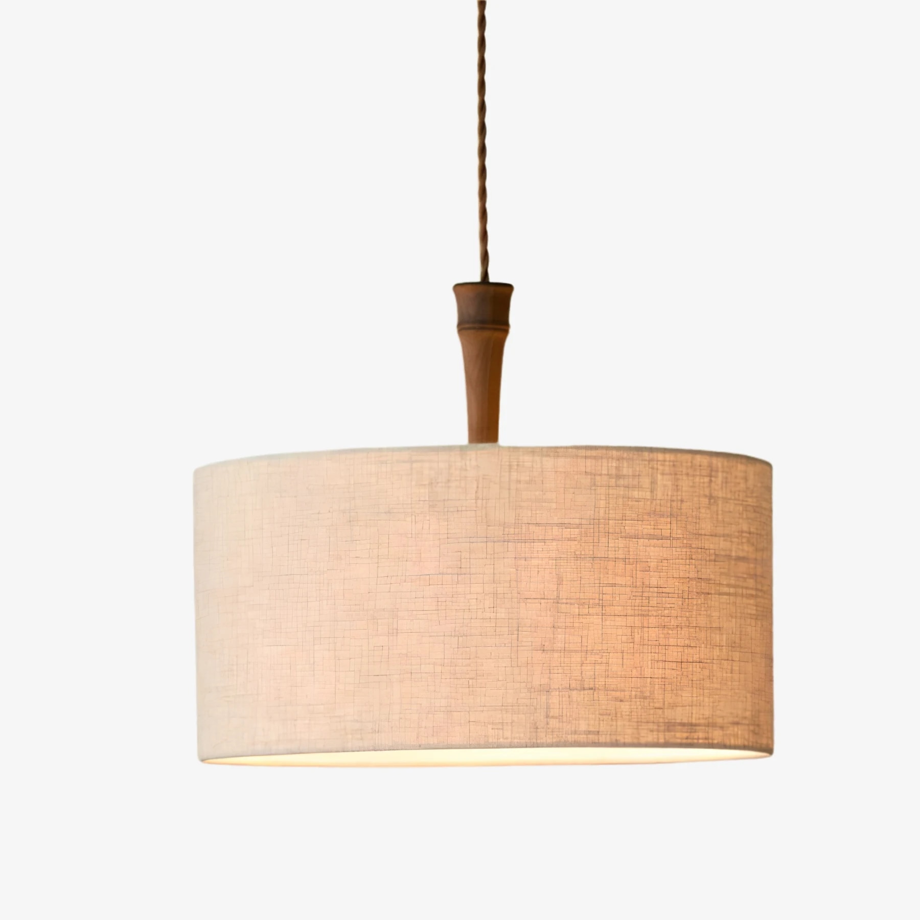 Natural linen drum pendant lamp with wood socket detail