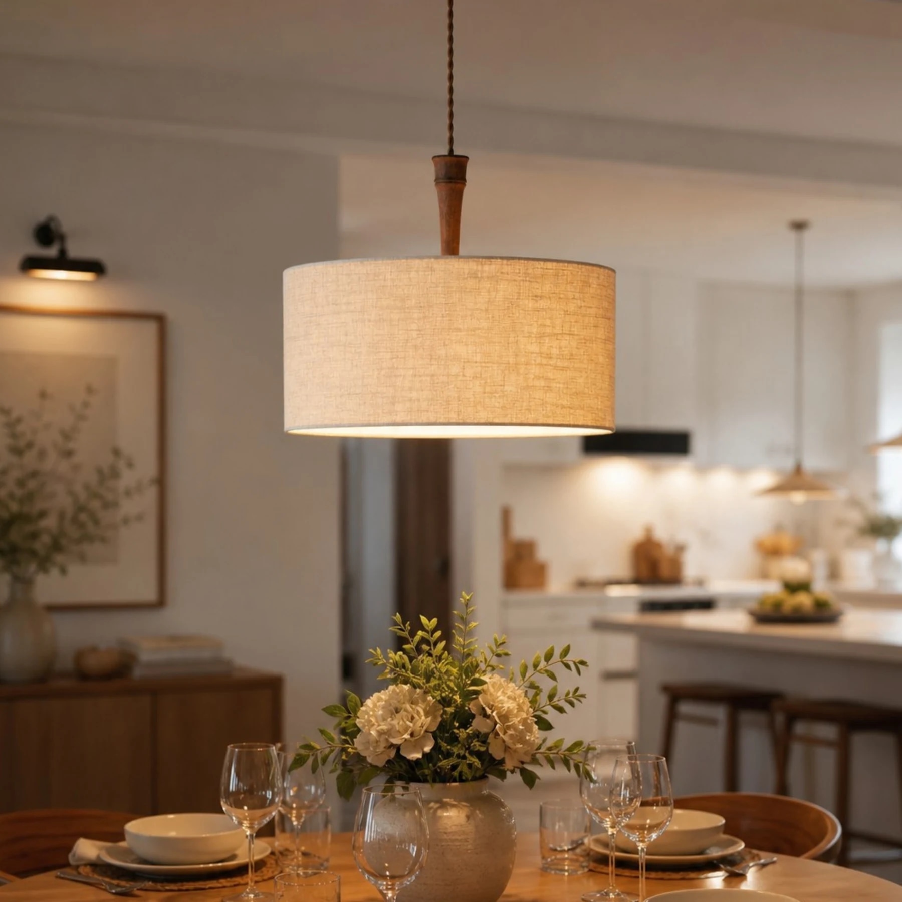 Natural linen drum pendant lamp above a dining table