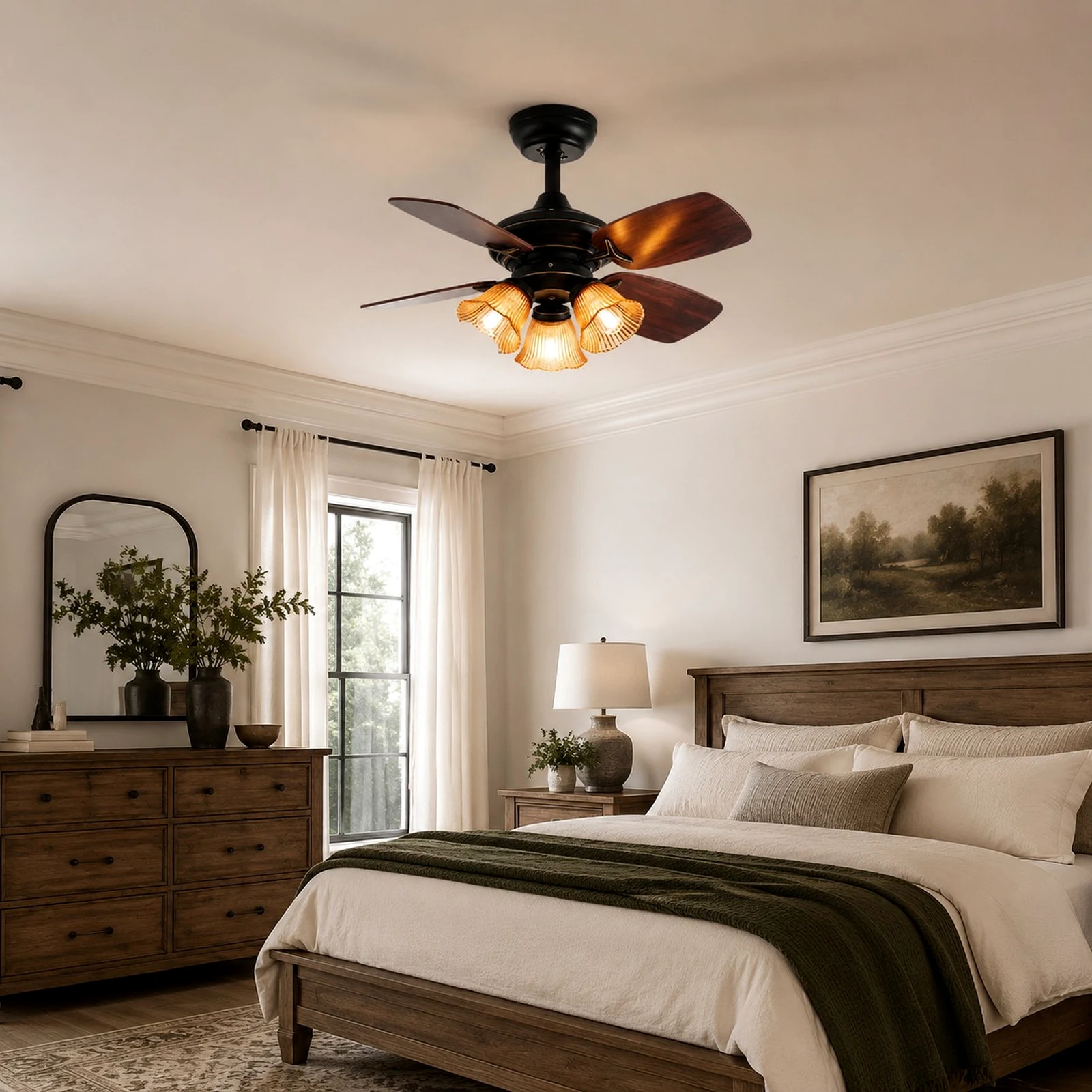 Black amber glass ceiling fan light installed in a bedroom