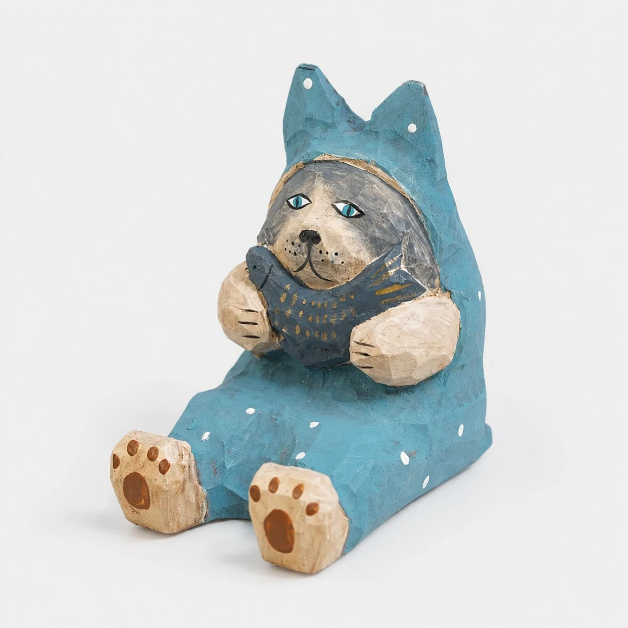 Soporte para teléfono de madera tallada a mano con forma de pez y gato