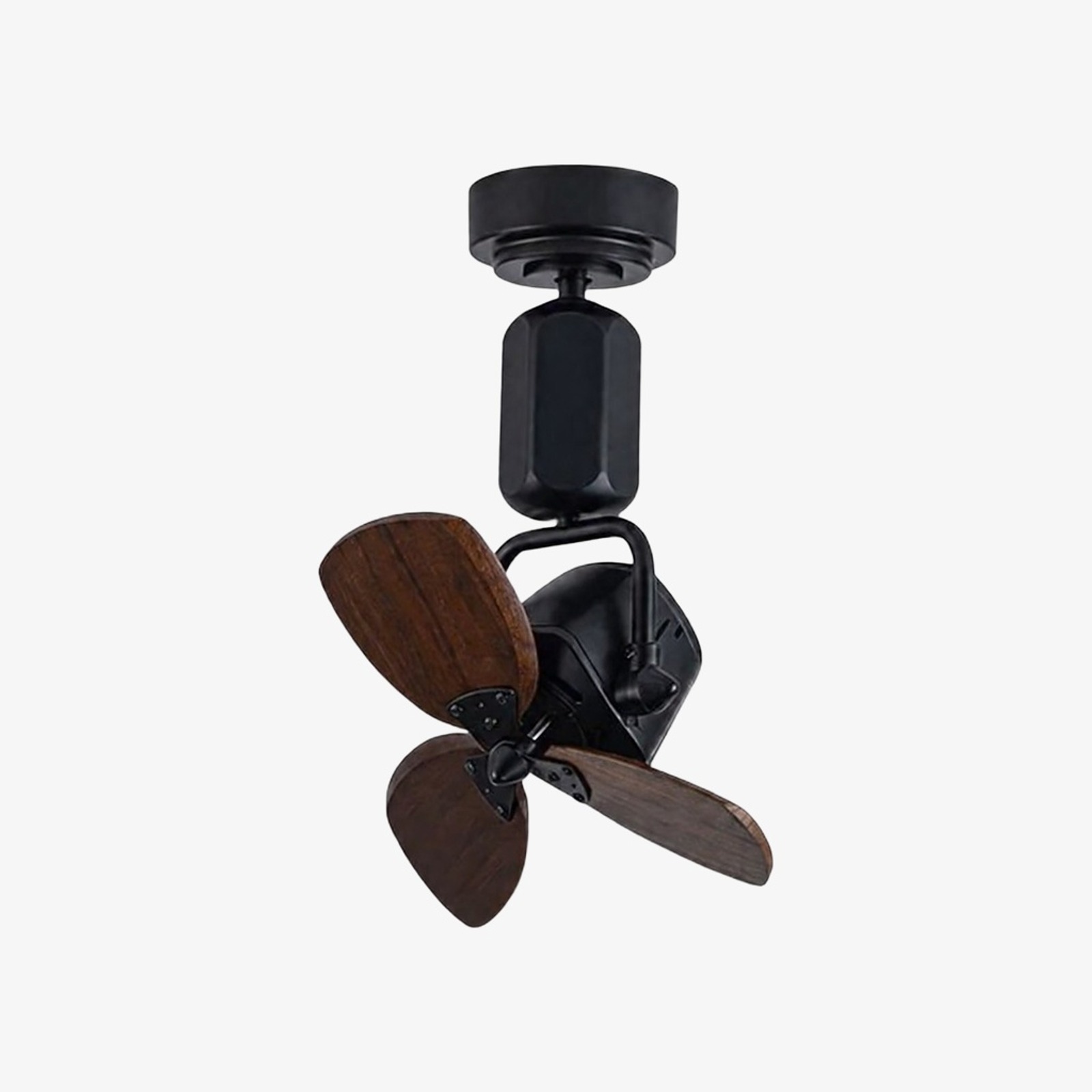 Zwarte compacte ventilator met bladen in donkere houtnerfstijl.