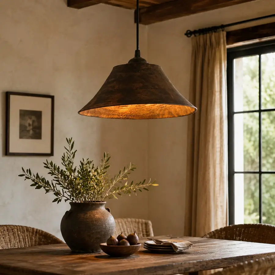 Lampadario a sospensione in legno scuro posizionato sopra un tavolo da pranzo in legno naturale.